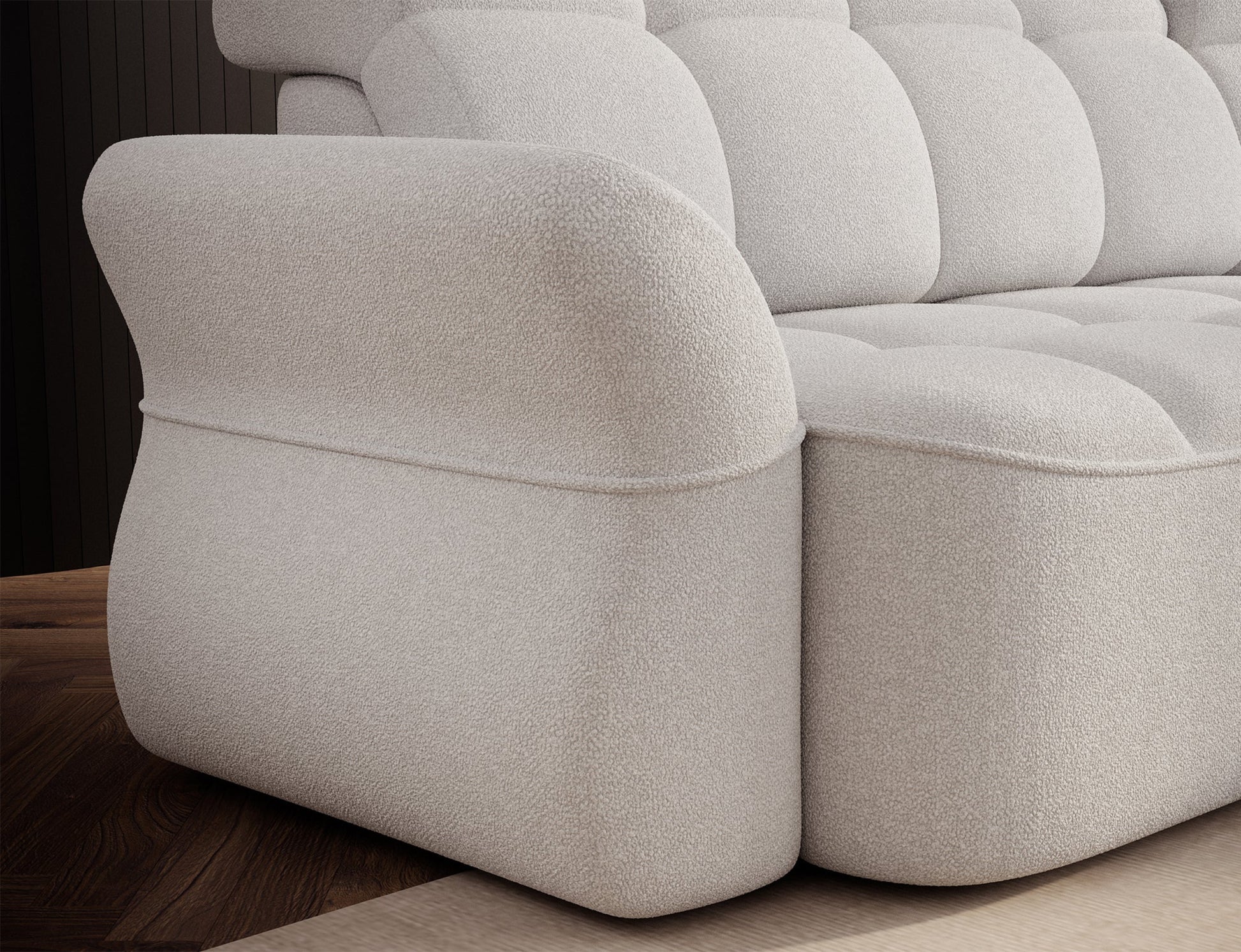 Biały narożnik L-kształtny prawy z funkcją spania, elektrycznym wysuwem siedziska i pojemnikiem na pościel