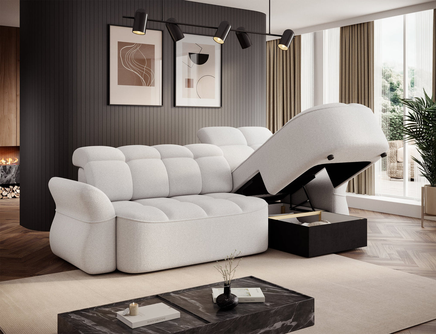 Biały narożnik L-kształtny prawy z funkcją spania, elektrycznym wysuwem siedziska i pojemnikiem na pościel