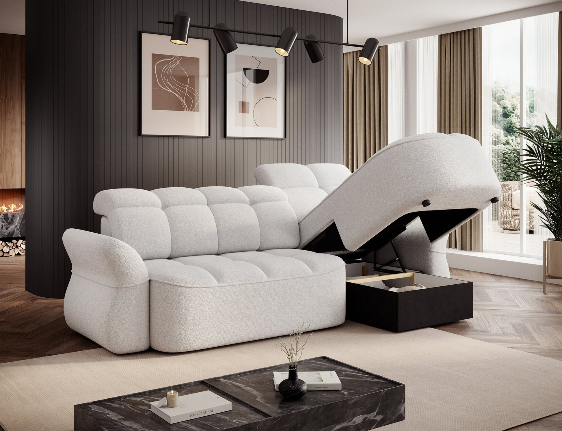 Biały narożnik L-kształtny prawy z funkcją spania, elektrycznym wysuwem siedziska i pojemnikiem na pościel