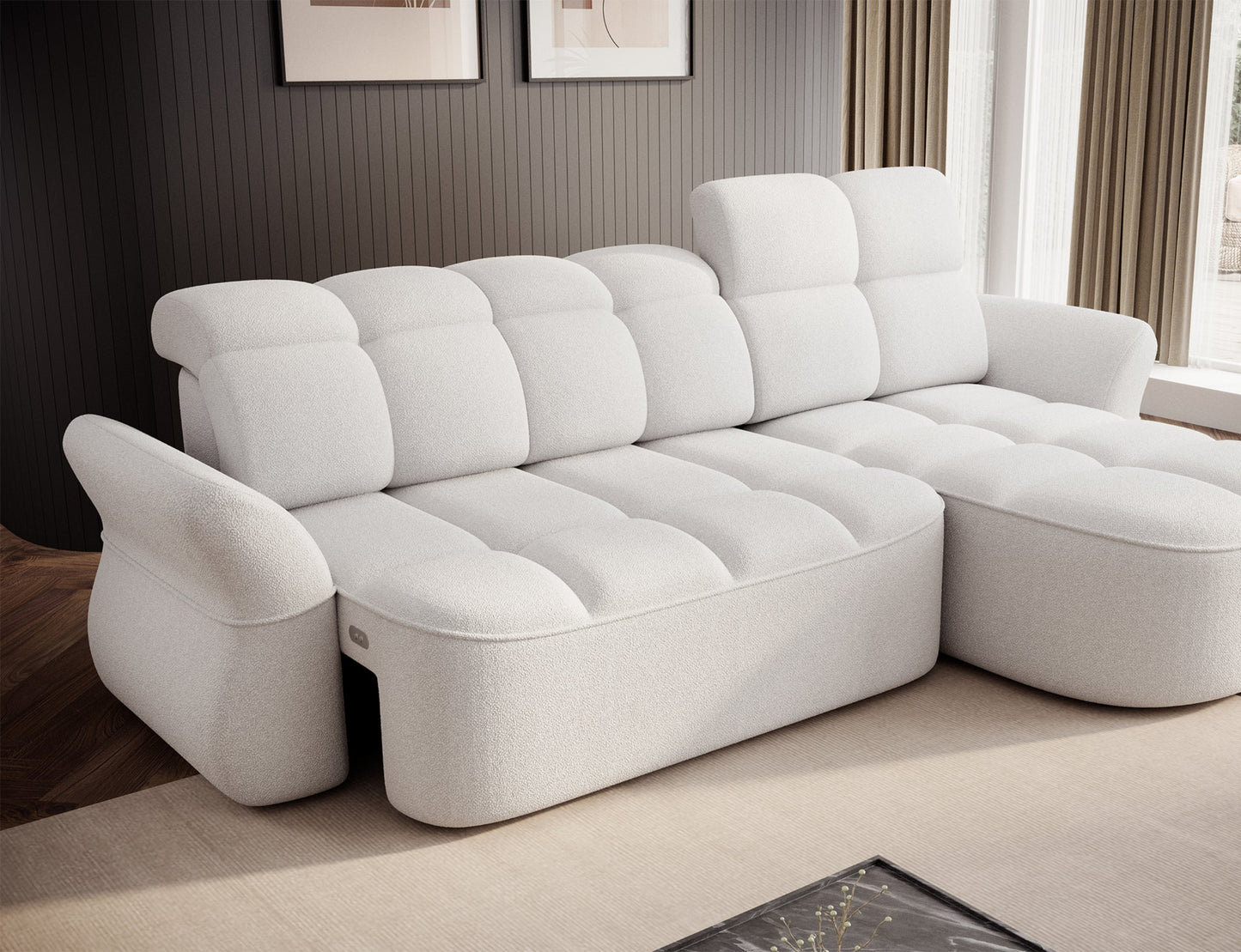 Biały narożnik L-kształtny prawy z funkcją spania, elektrycznym wysuwem siedziska i pojemnikiem na pościel