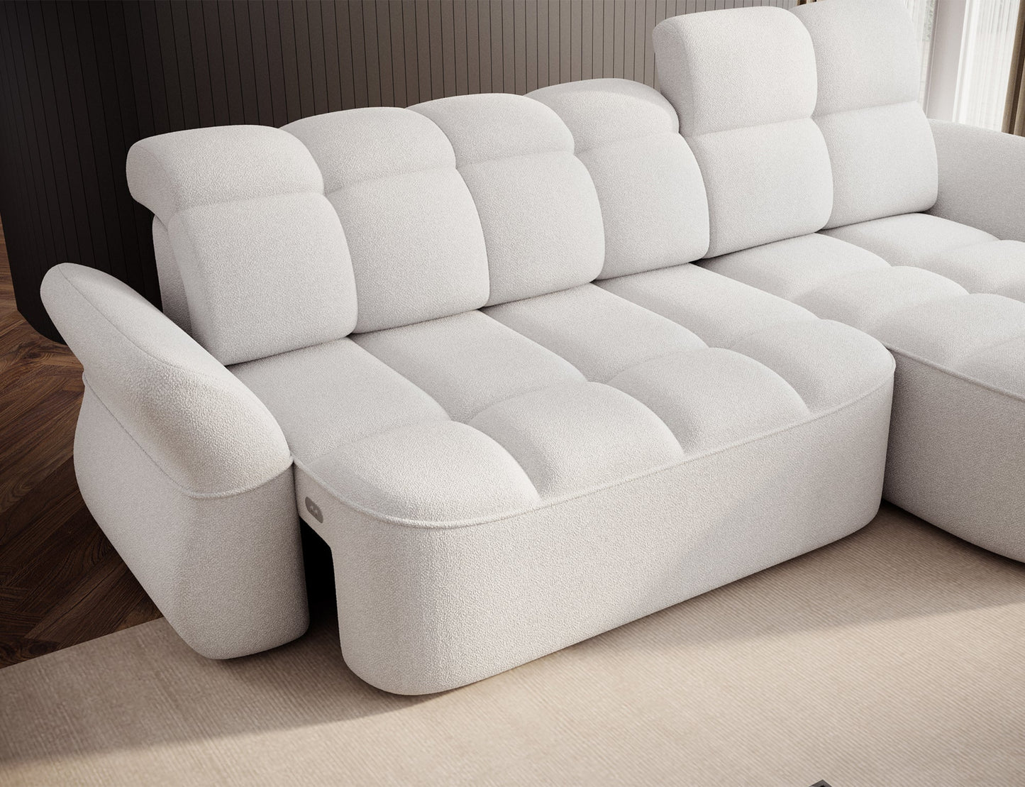 Biały narożnik L-kształtny prawy z funkcją spania, elektrycznym wysuwem siedziska i pojemnikiem na pościel