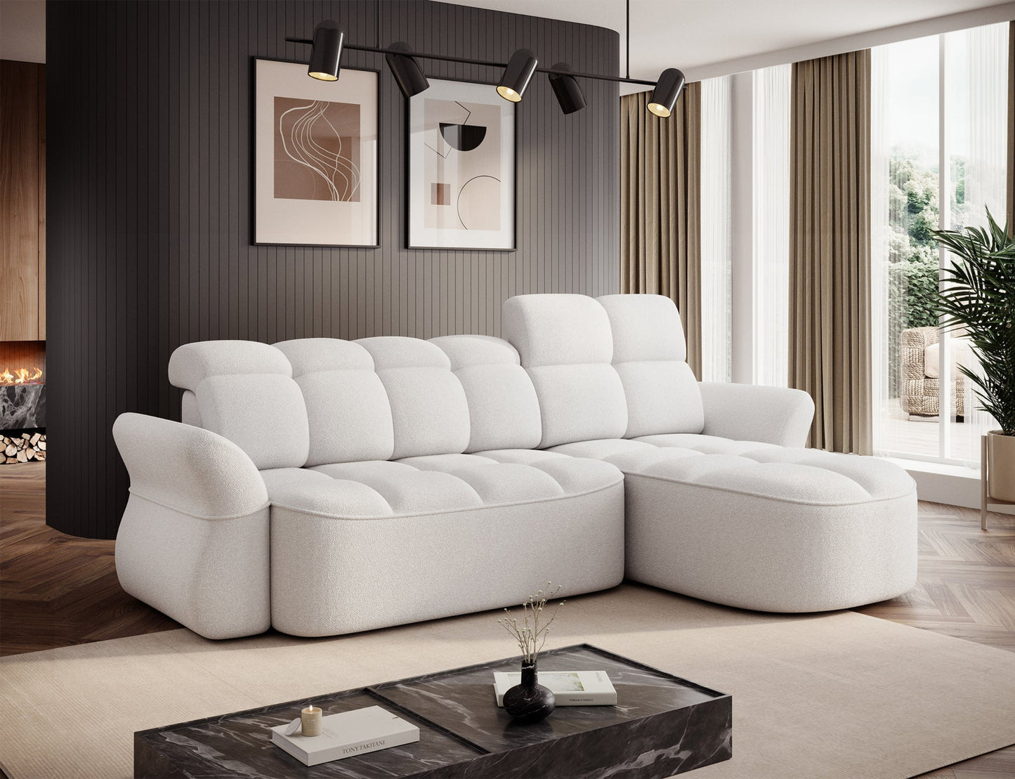 Biały narożnik L-kształtny prawy z funkcją spania, elektrycznym wysuwem siedziska i pojemnikiem na pościel