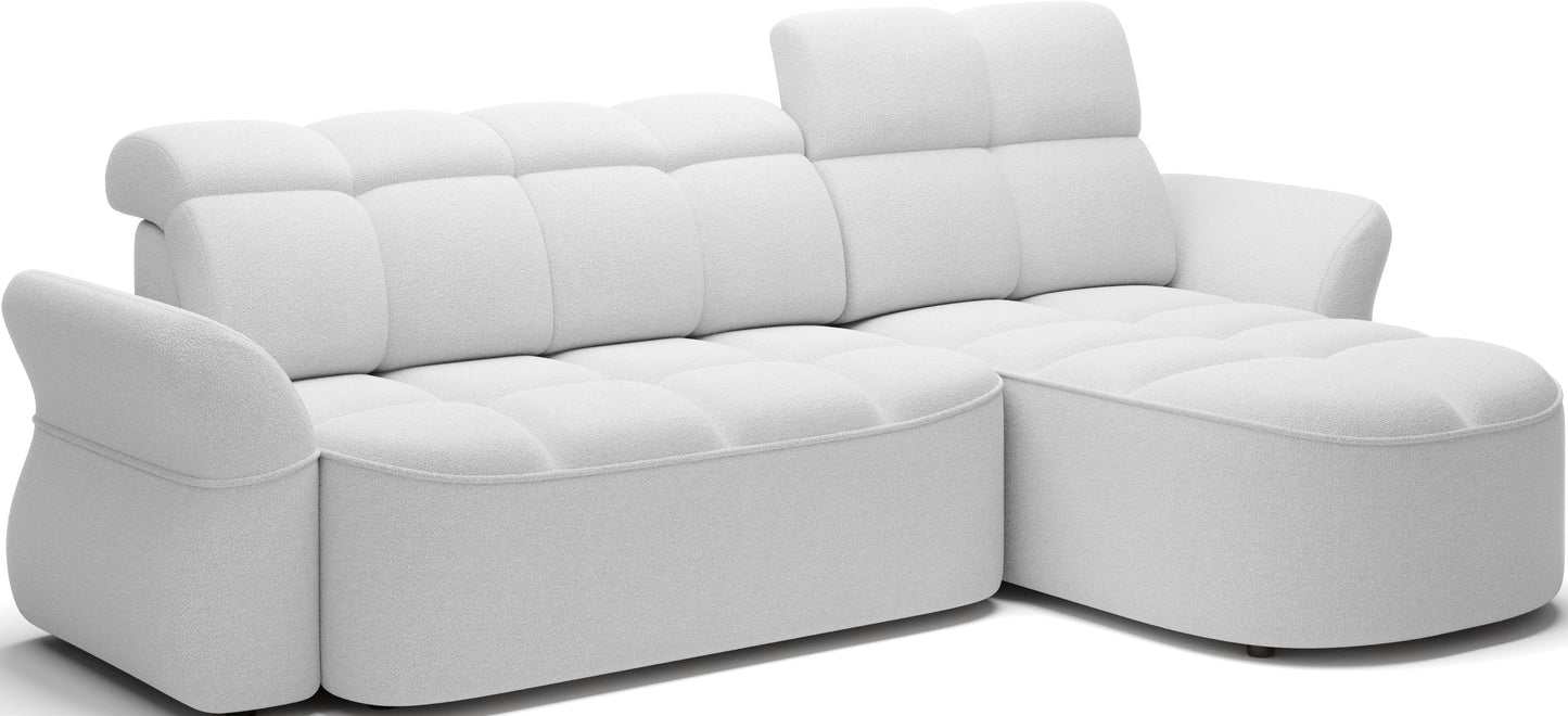 Biały narożnik L-kształtny prawy z funkcją spania, elektrycznym wysuwem siedziska i pojemnikiem na pościel