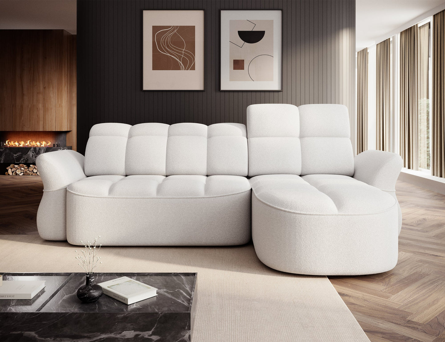 Biały narożnik L-kształtny prawy z funkcją spania, elektrycznym wysuwem siedziska i pojemnikiem na pościel