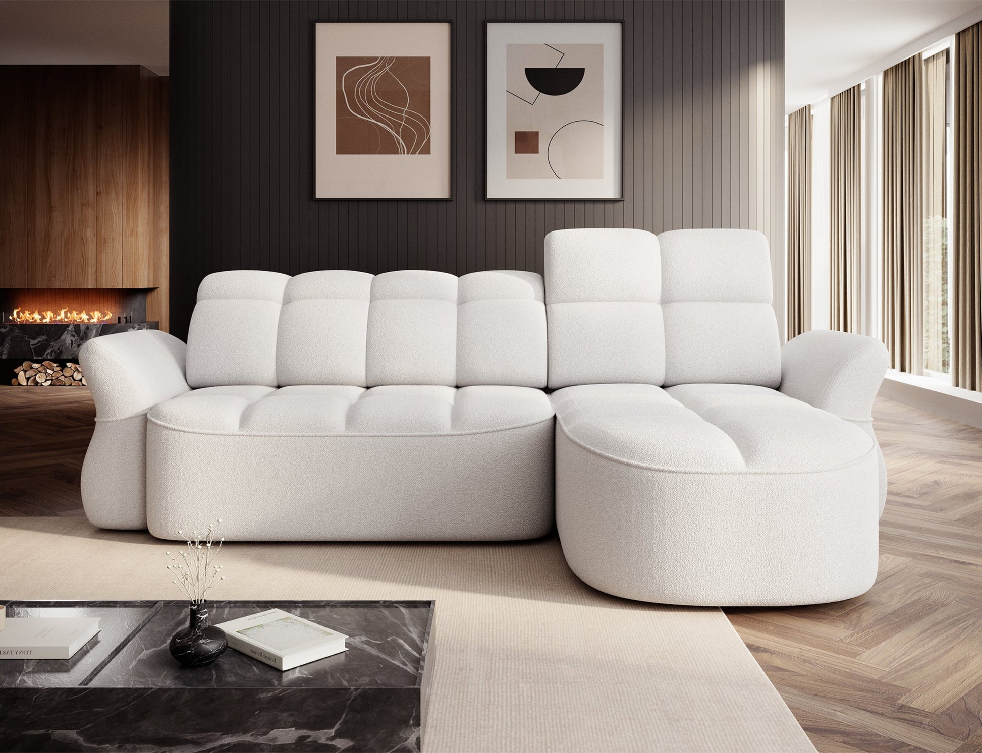 Biały narożnik L-kształtny prawy z funkcją spania, elektrycznym wysuwem siedziska i pojemnikiem na pościel