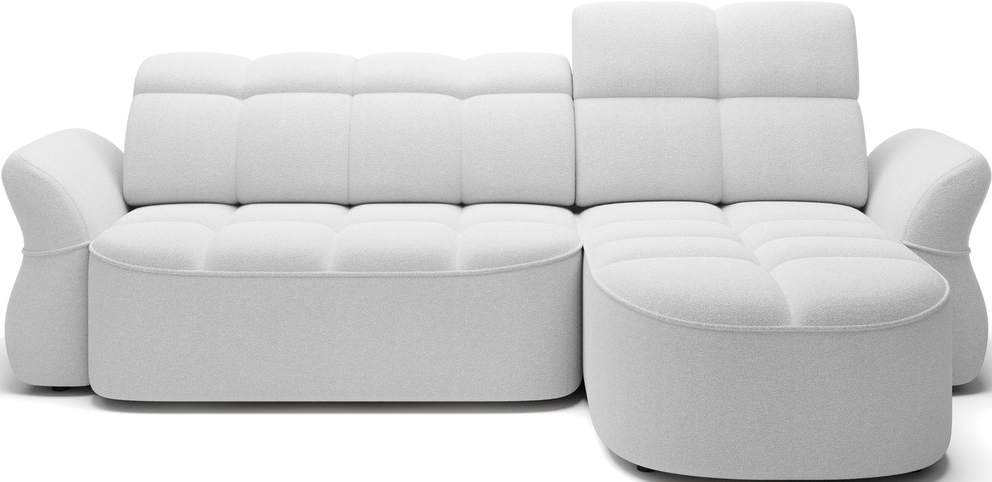 Biały narożnik L-kształtny prawy z funkcją spania, elektrycznym wysuwem siedziska i pojemnikiem na pościel