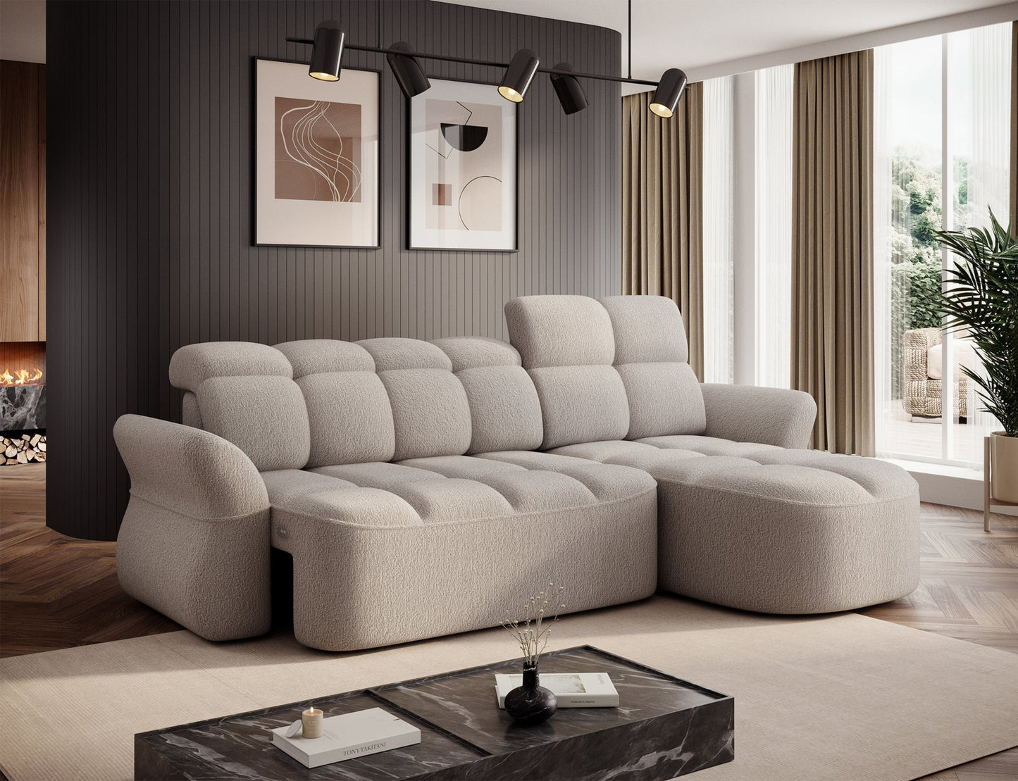 Beżowy narożnik L-kształtny prawy z funkcją spania, elektrycznym wysuwem siedziska i pojemnikiem na pościel