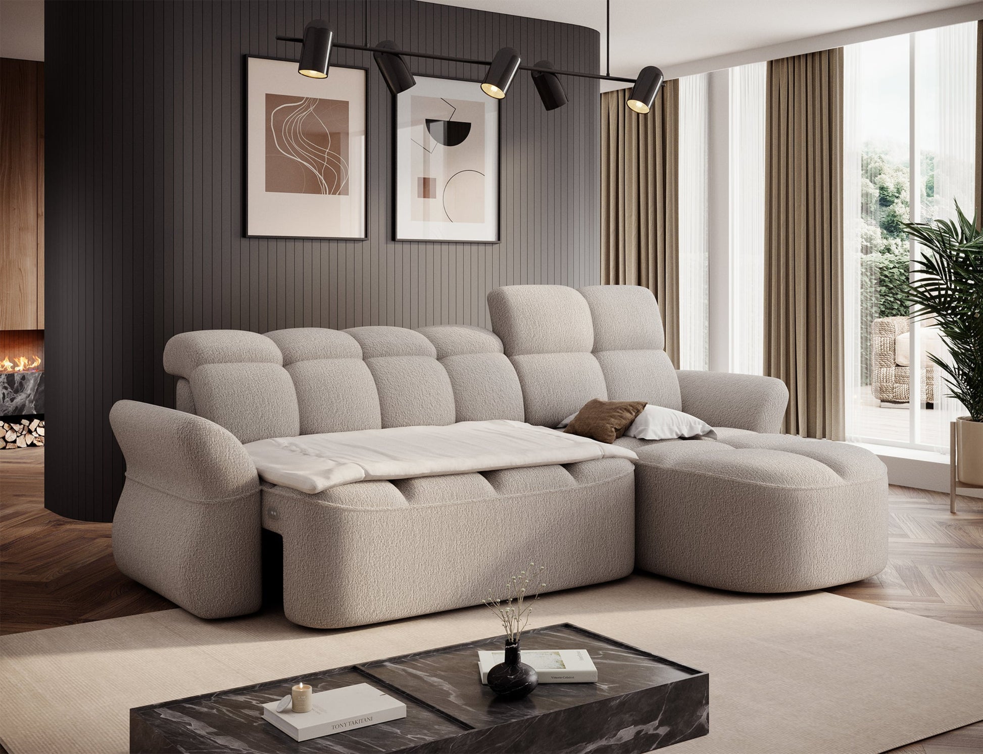 Beżowy narożnik L-kształtny prawy z funkcją spania, elektrycznym wysuwem siedziska i pojemnikiem na pościel