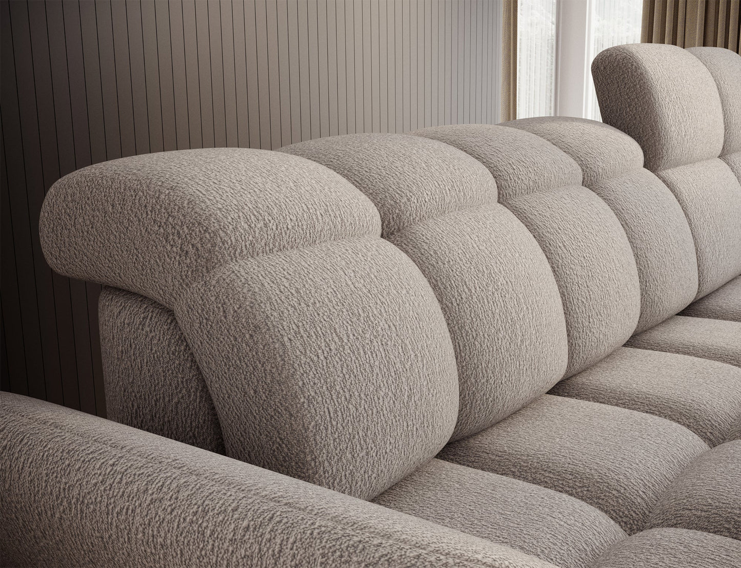 Beżowy narożnik L-kształtny prawy z funkcją spania, elektrycznym wysuwem siedziska i pojemnikiem na pościel