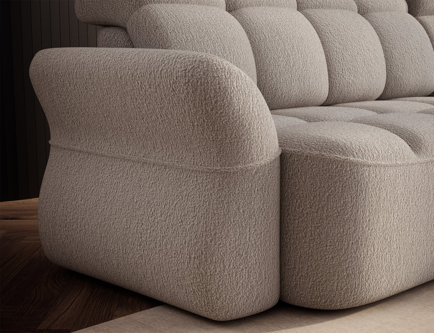 Beżowy narożnik L-kształtny prawy z funkcją spania, elektrycznym wysuwem siedziska i pojemnikiem na pościel