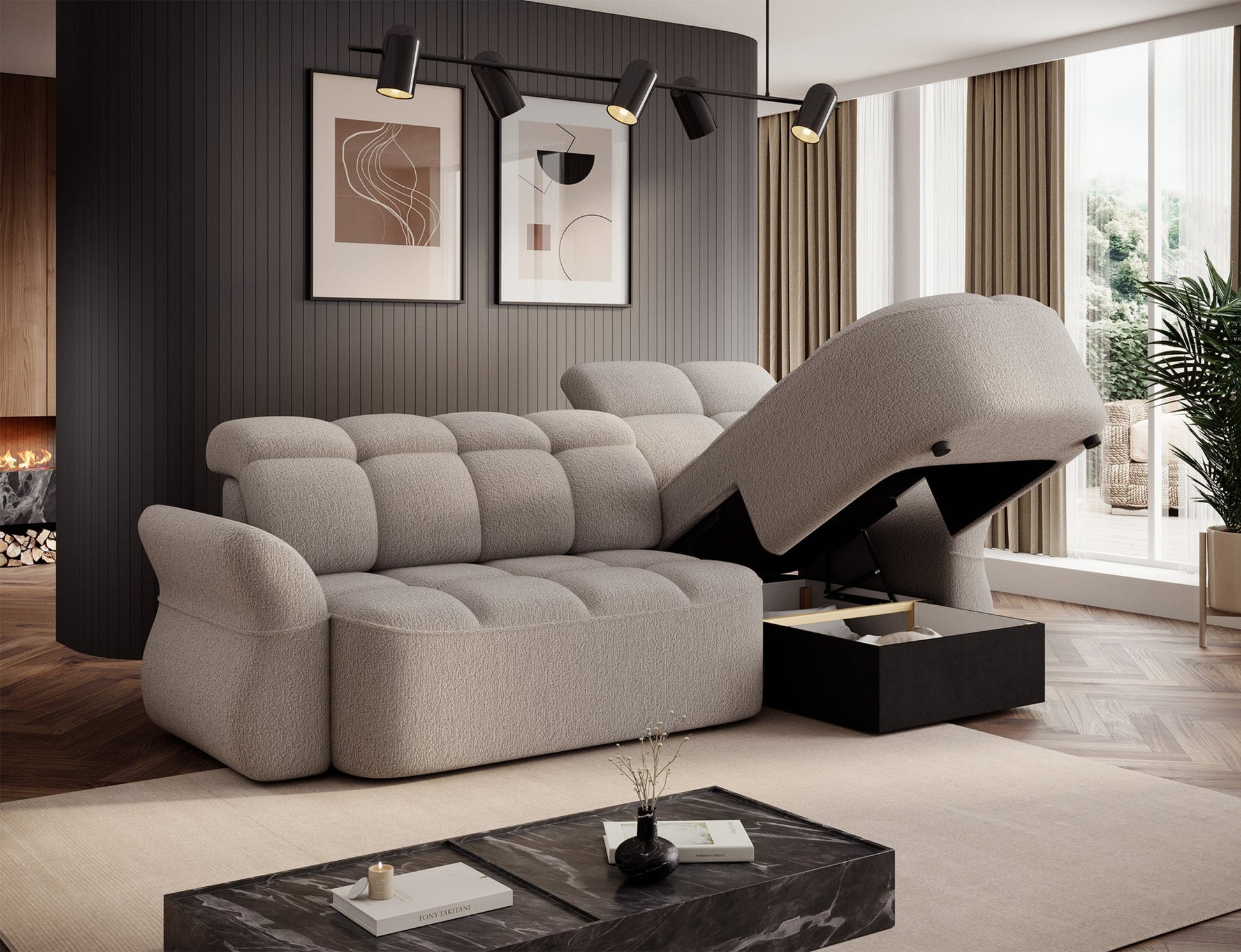 Beżowy narożnik L-kształtny prawy z funkcją spania, elektrycznym wysuwem siedziska i pojemnikiem na pościel