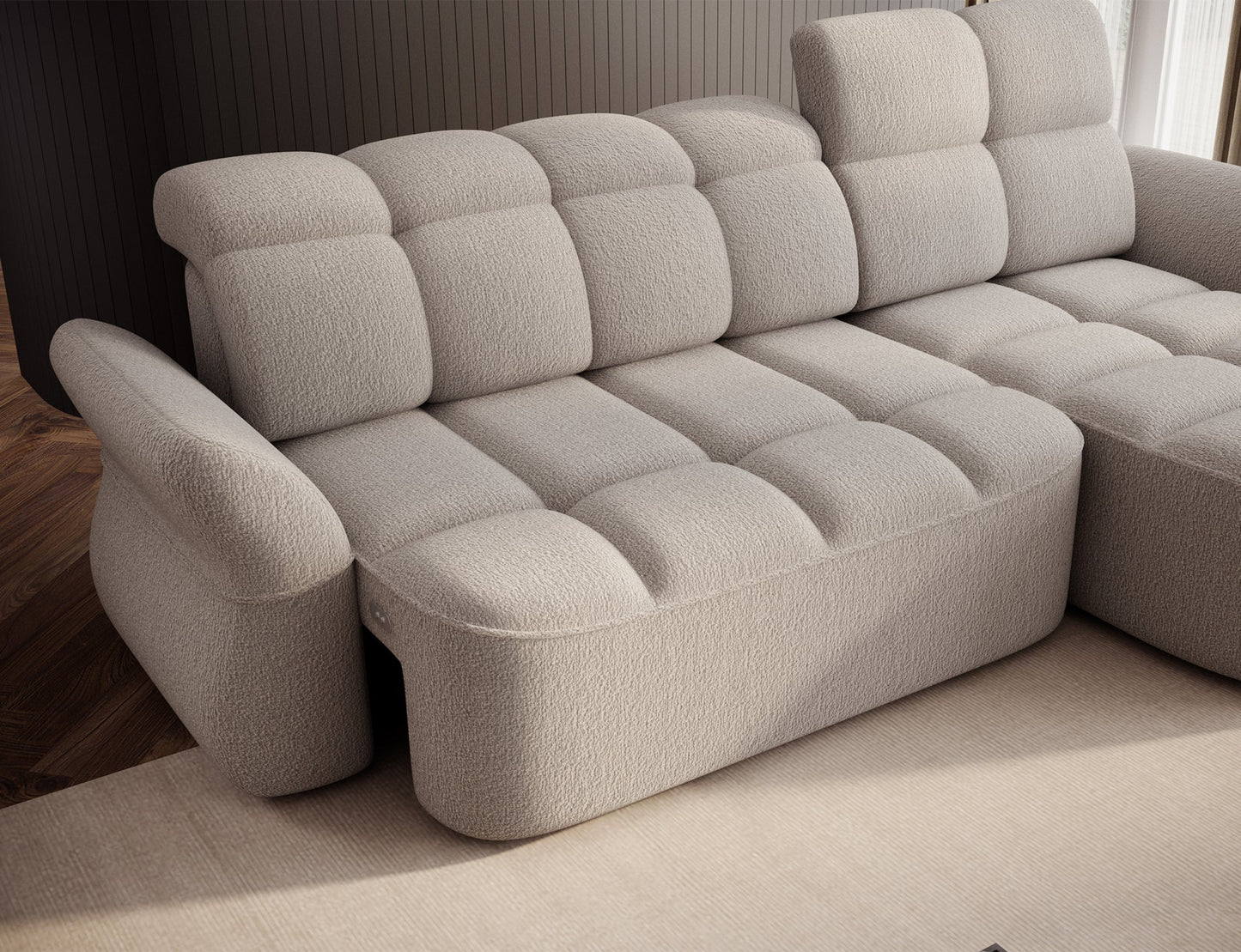 Beżowy narożnik L-kształtny prawy z funkcją spania, elektrycznym wysuwem siedziska i pojemnikiem na pościel