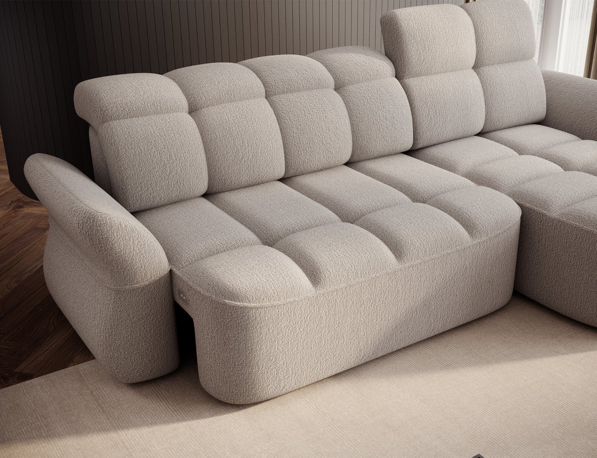 Beżowy narożnik L-kształtny prawy z funkcją spania, elektrycznym wysuwem siedziska i pojemnikiem na pościel