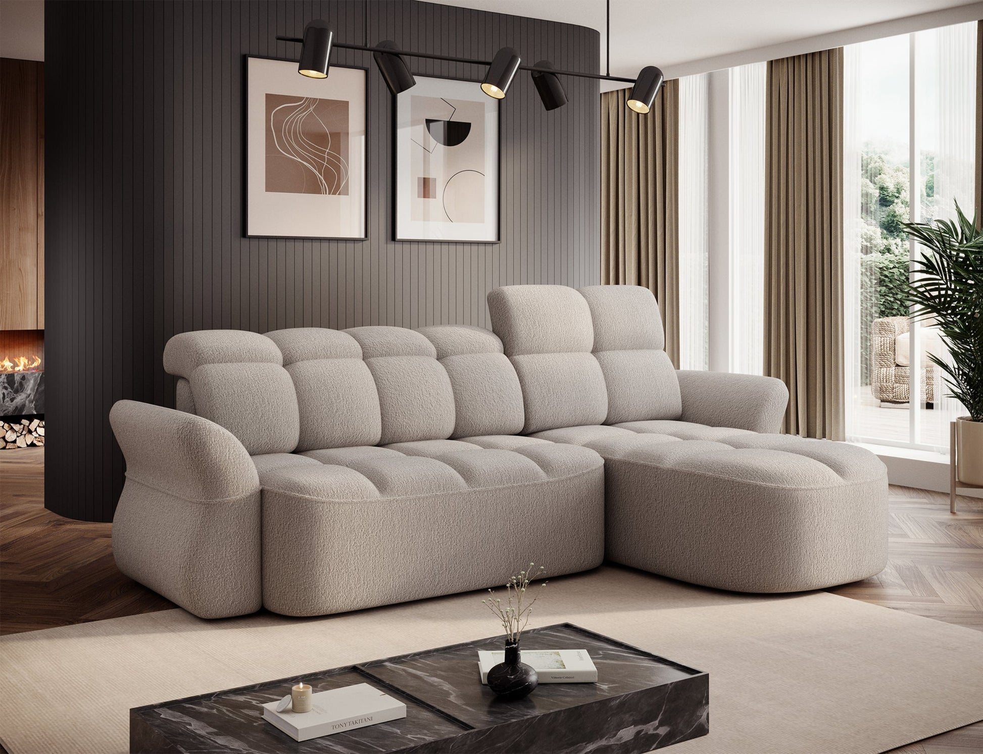 Beżowy narożnik L-kształtny prawy z funkcją spania, elektrycznym wysuwem siedziska i pojemnikiem na pościel