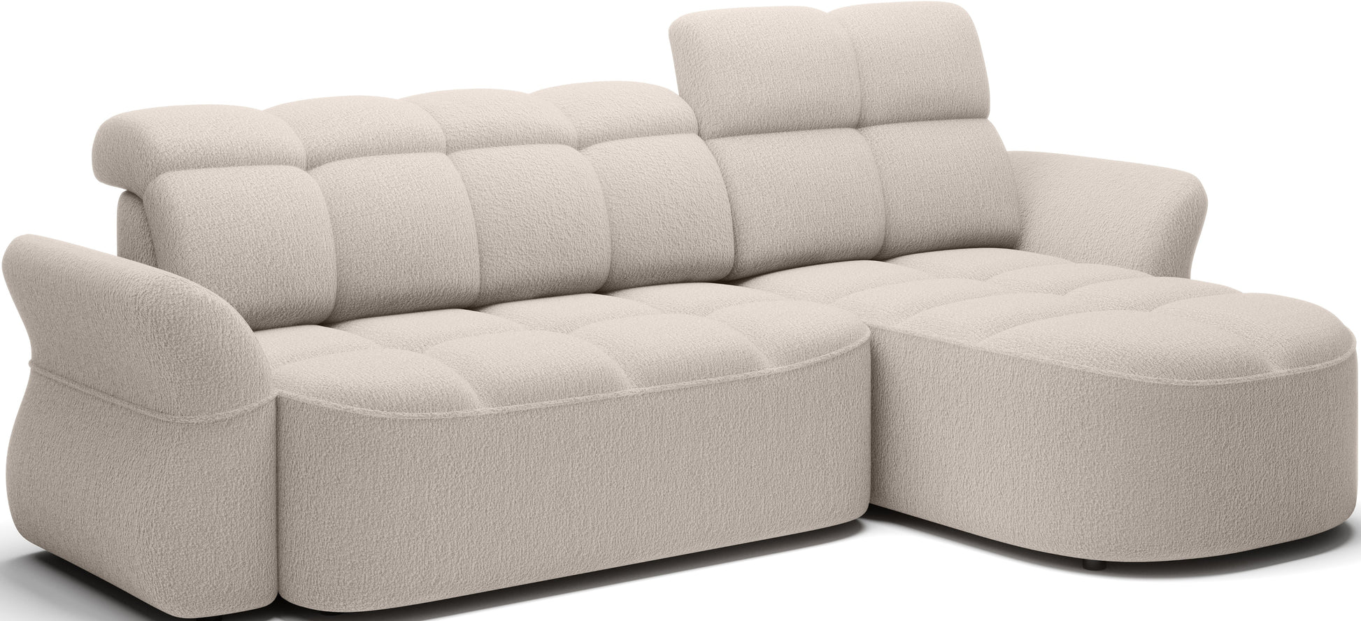 Beżowy narożnik L-kształtny prawy z funkcją spania, elektrycznym wysuwem siedziska i pojemnikiem na pościel