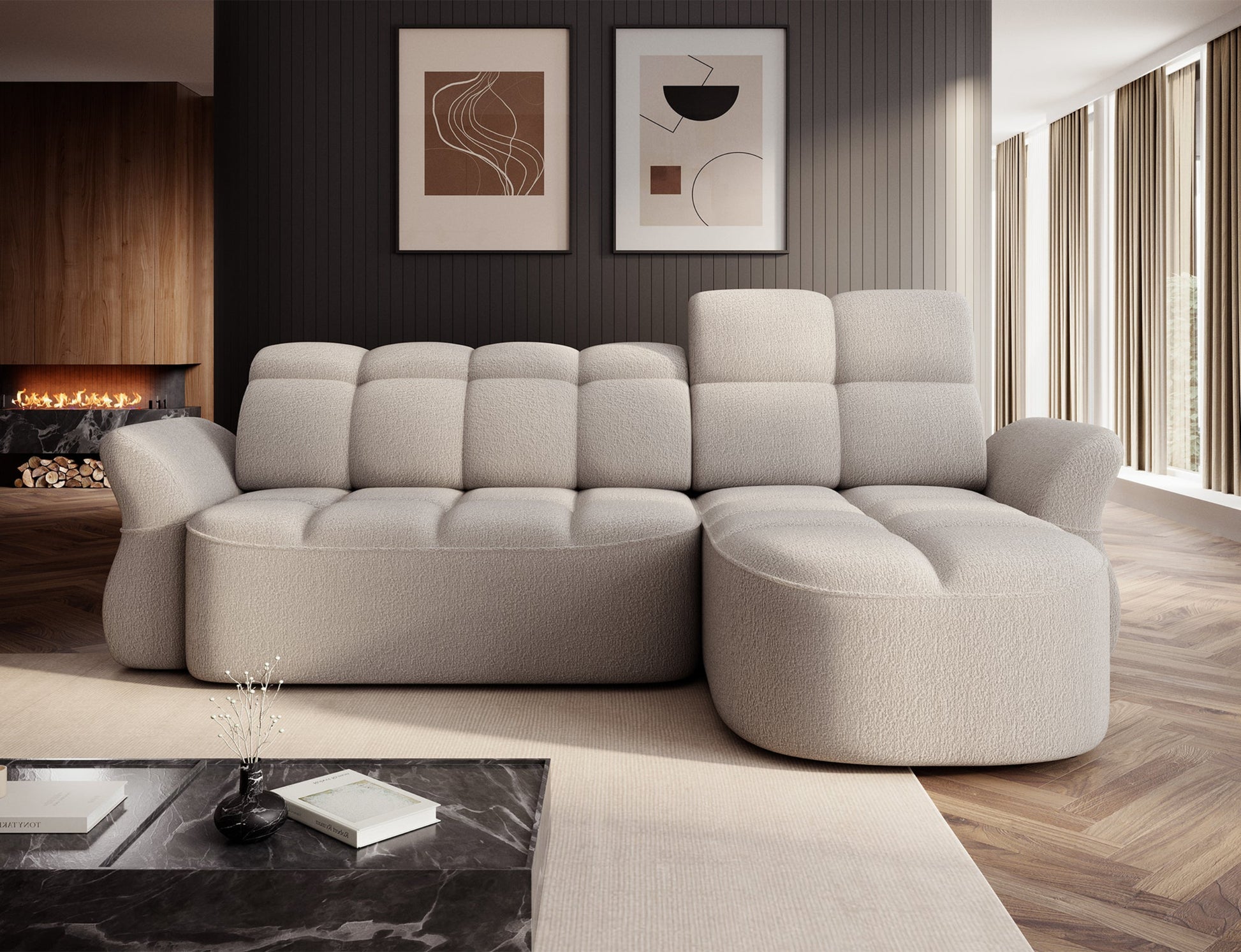 Beżowy narożnik L-kształtny prawy z funkcją spania, elektrycznym wysuwem siedziska i pojemnikiem na pościel