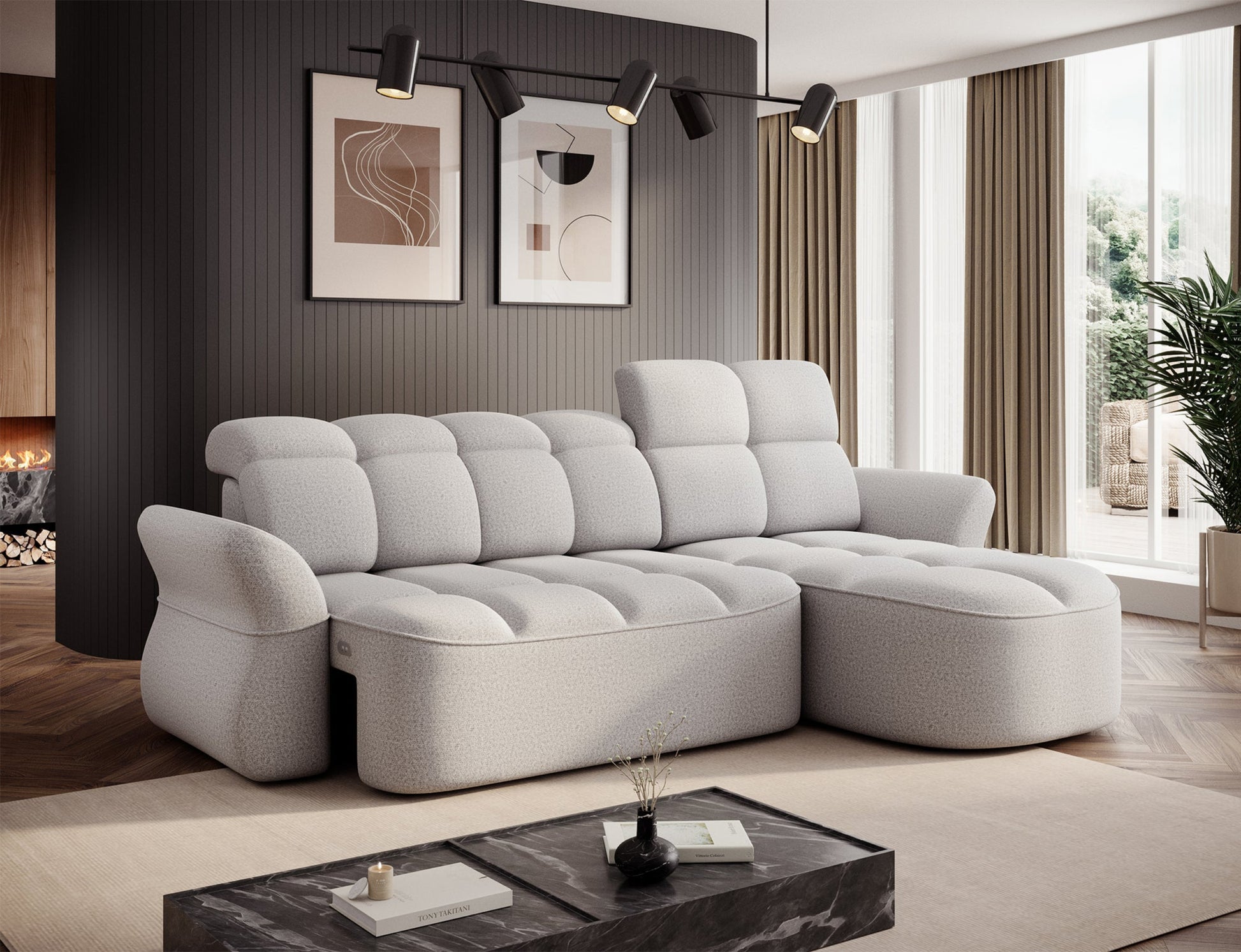 Szary narożnik L-kształtny prawy z funkcją spania, elektrycznym wysuwem siedziska i pojemnikiem na pościel