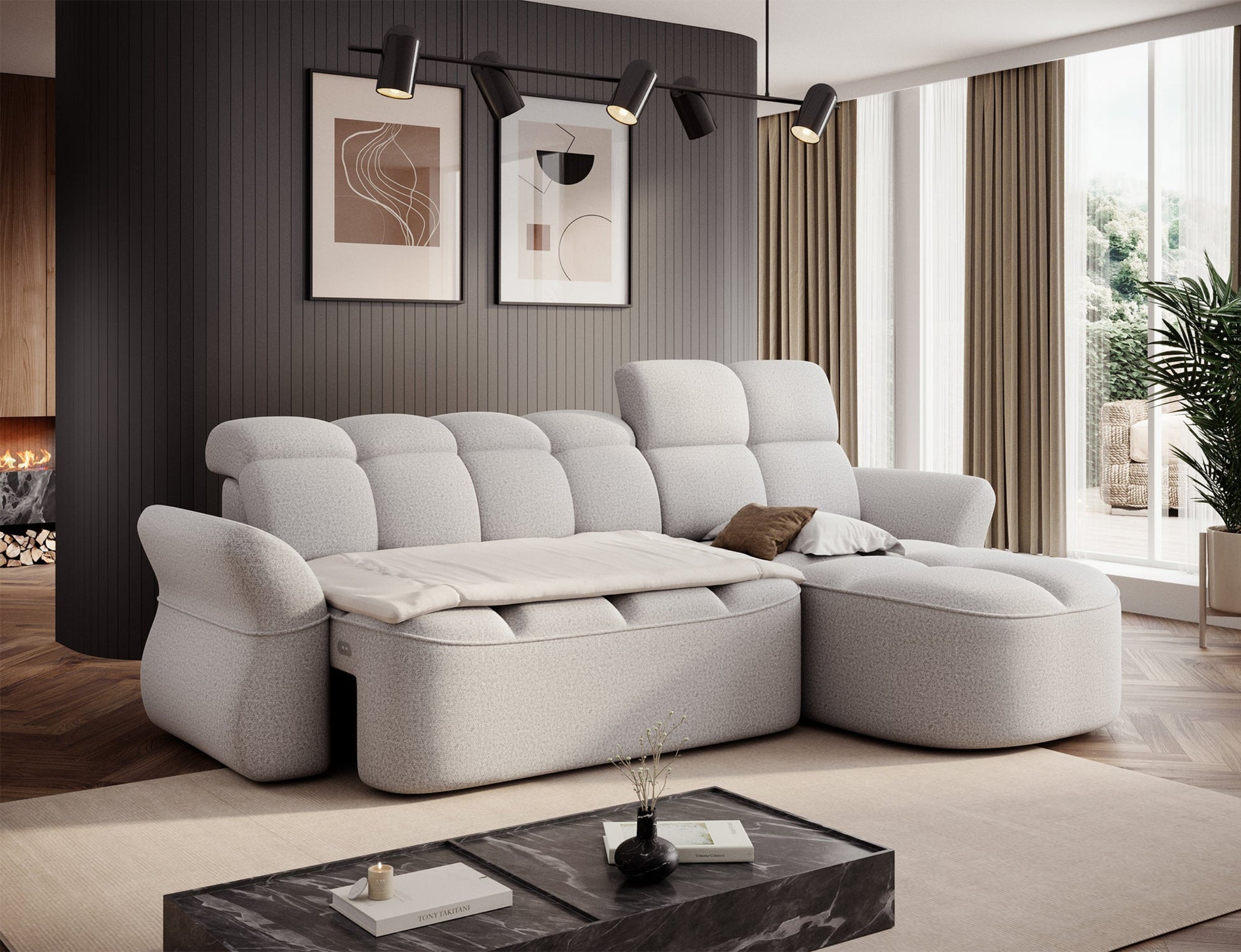 Szary narożnik L-kształtny prawy z funkcją spania, elektrycznym wysuwem siedziska i pojemnikiem na pościel