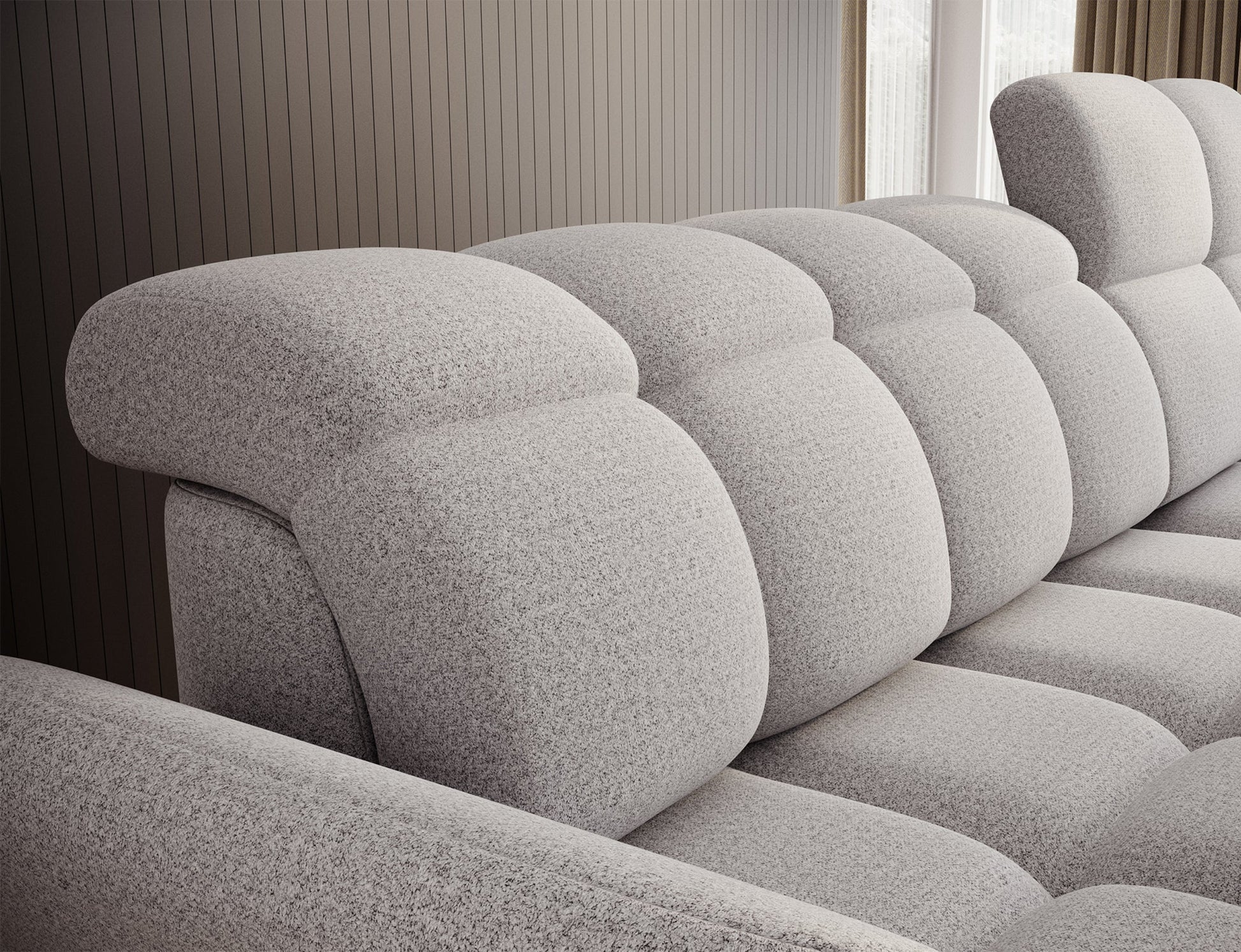 Szary narożnik L-kształtny prawy z funkcją spania, elektrycznym wysuwem siedziska i pojemnikiem na pościel