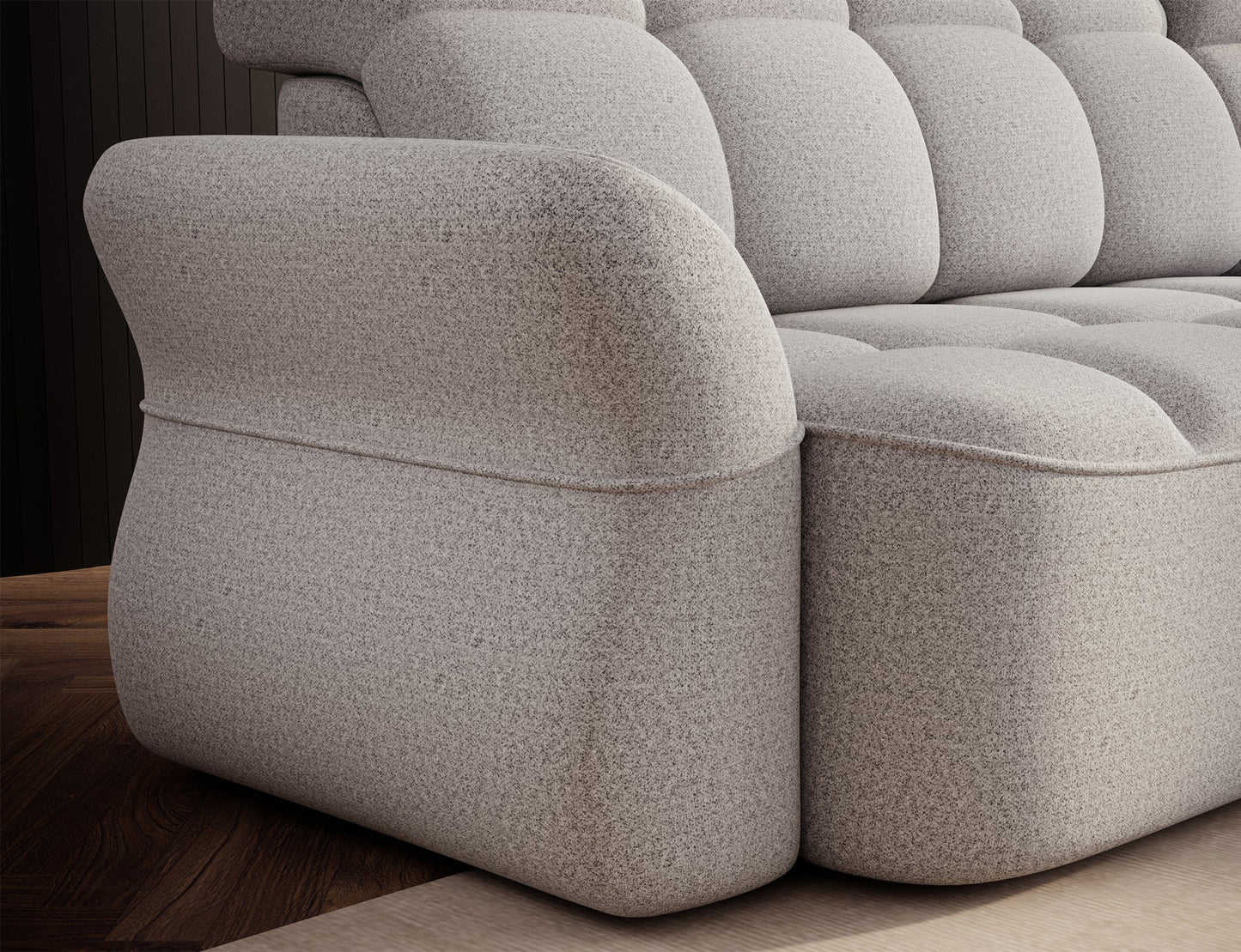 Szary narożnik L-kształtny prawy z funkcją spania, elektrycznym wysuwem siedziska i pojemnikiem na pościel