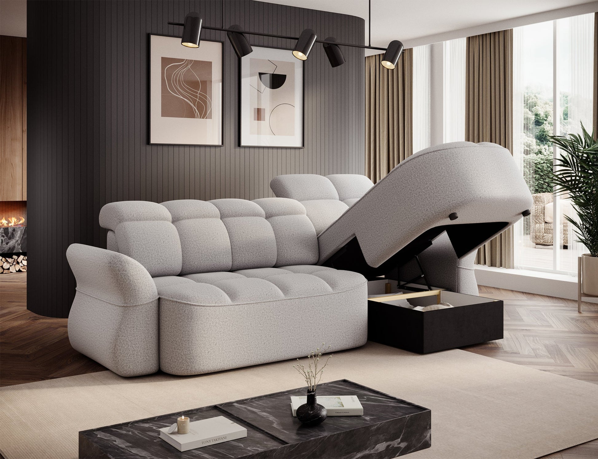 Szary narożnik L-kształtny prawy z funkcją spania, elektrycznym wysuwem siedziska i pojemnikiem na pościel