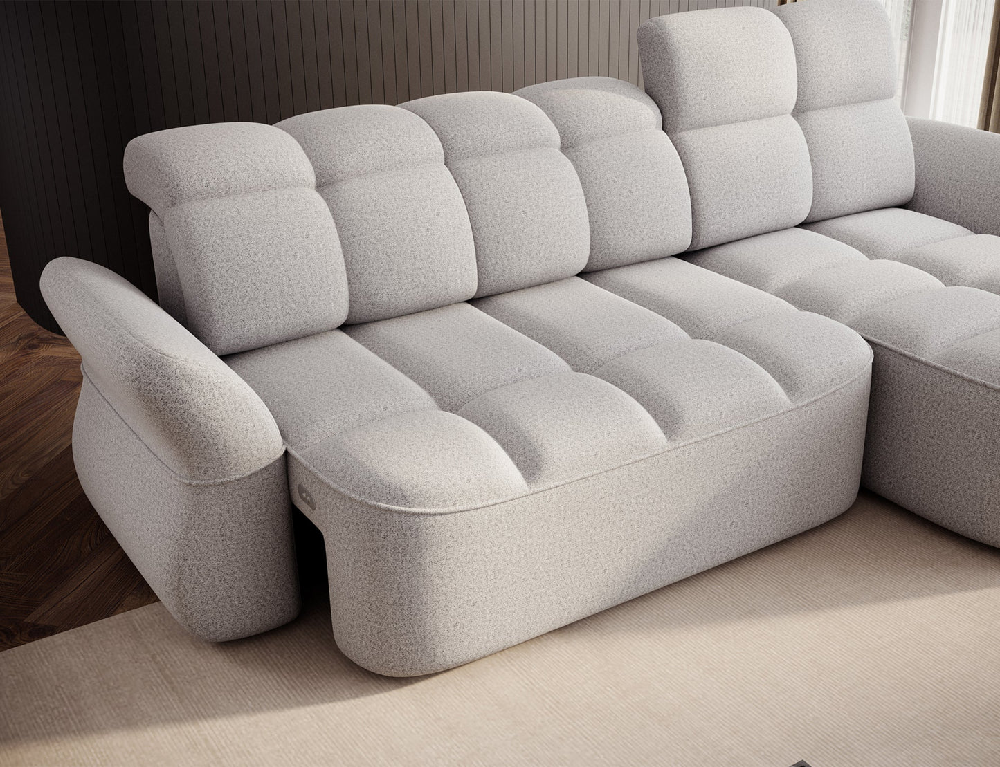 Szary narożnik L-kształtny prawy z funkcją spania, elektrycznym wysuwem siedziska i pojemnikiem na pościel