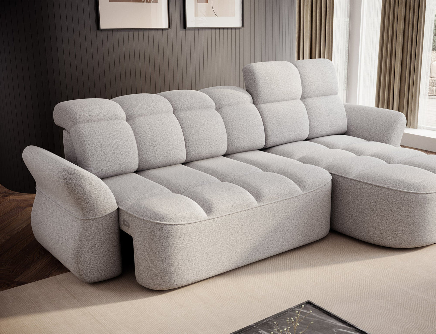 Szary narożnik L-kształtny prawy z funkcją spania, elektrycznym wysuwem siedziska i pojemnikiem na pościel