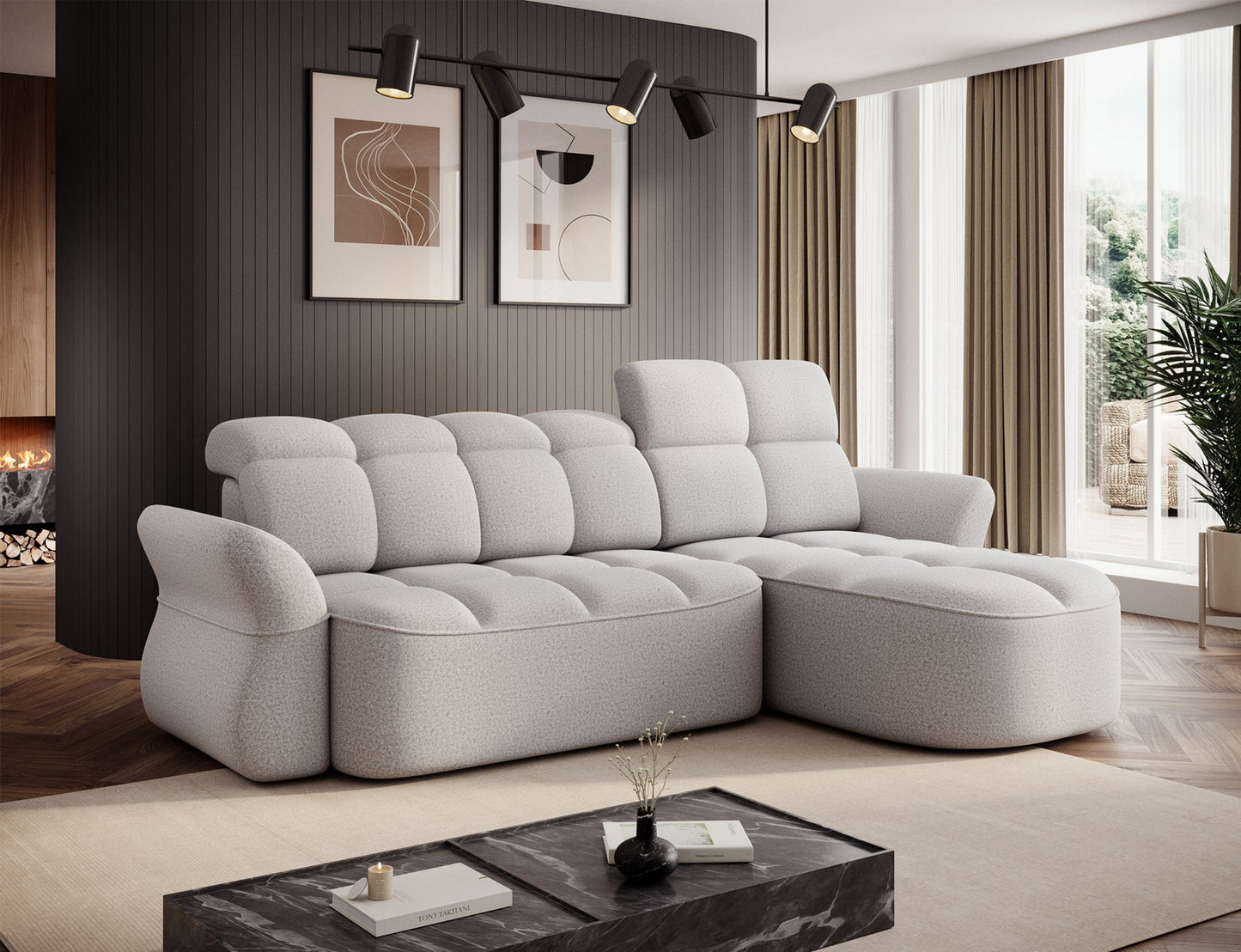 Szary narożnik L-kształtny prawy z funkcją spania, elektrycznym wysuwem siedziska i pojemnikiem na pościel