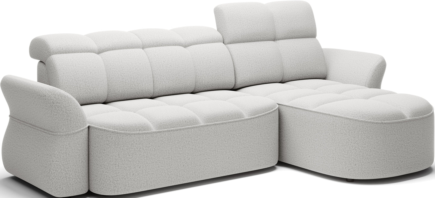 Szary narożnik L-kształtny prawy z funkcją spania, elektrycznym wysuwem siedziska i pojemnikiem na pościel