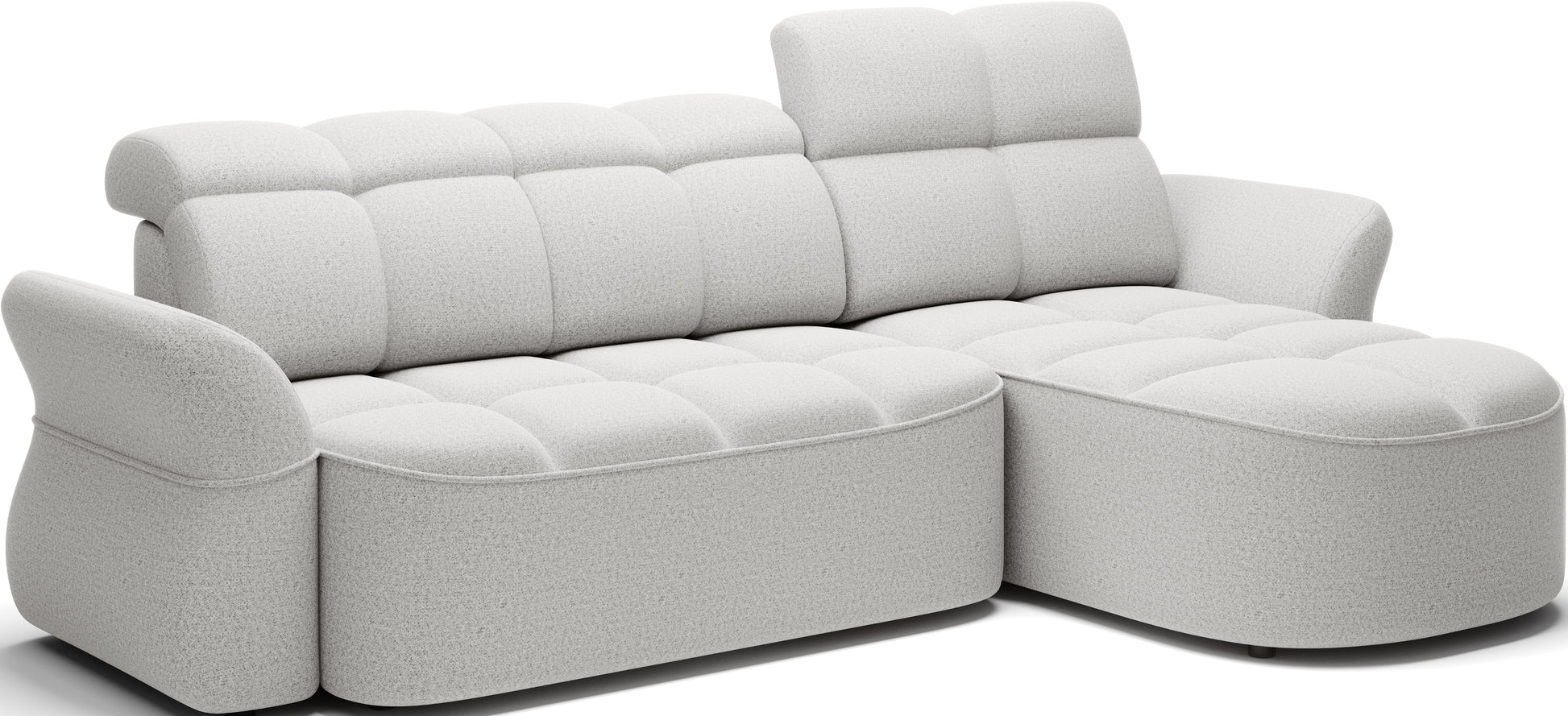 Szary narożnik L-kształtny prawy z funkcją spania, elektrycznym wysuwem siedziska i pojemnikiem na pościel