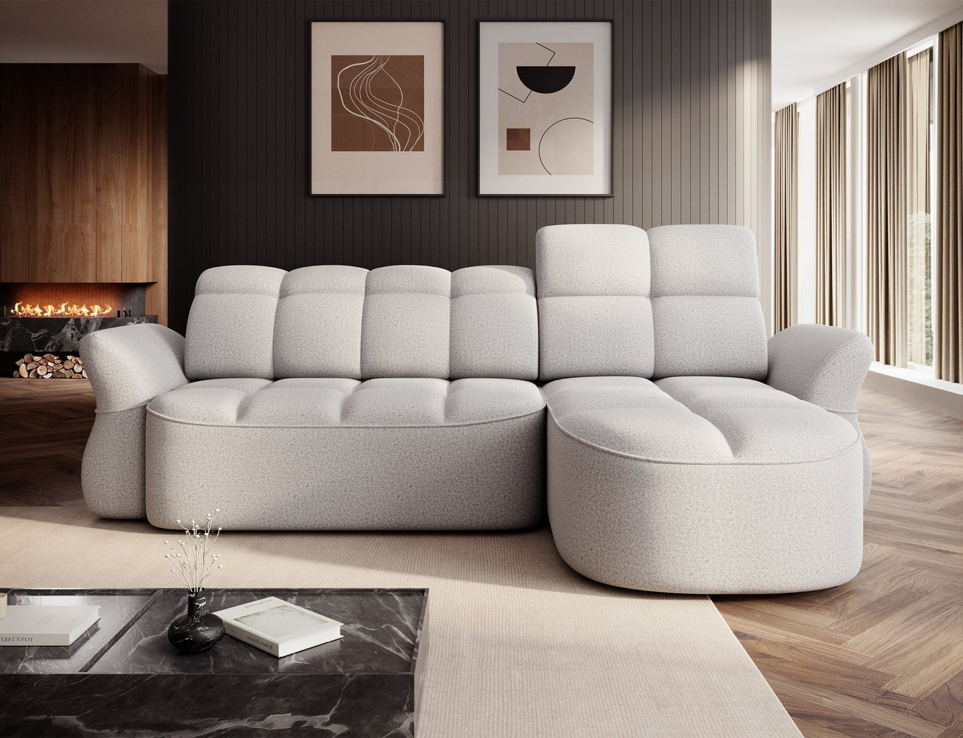 Szary narożnik L-kształtny prawy z funkcją spania, elektrycznym wysuwem siedziska i pojemnikiem na pościel