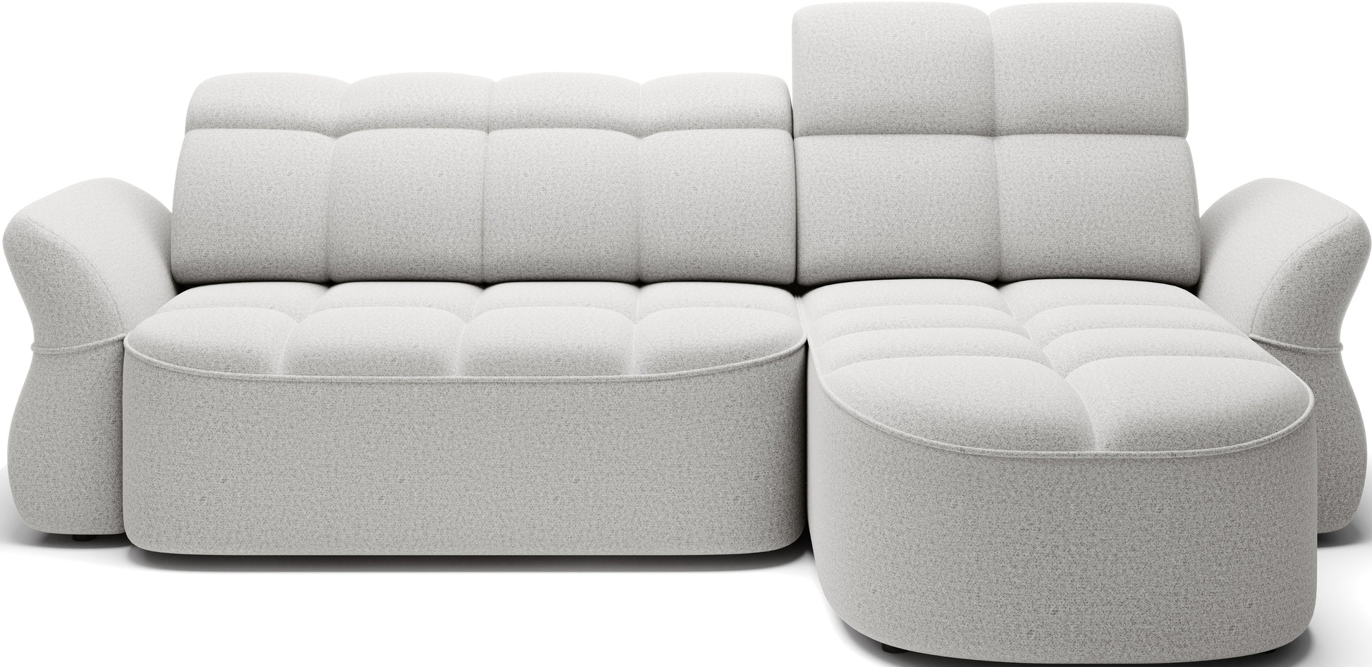 Szary narożnik L-kształtny prawy z funkcją spania, elektrycznym wysuwem siedziska i pojemnikiem na pościel