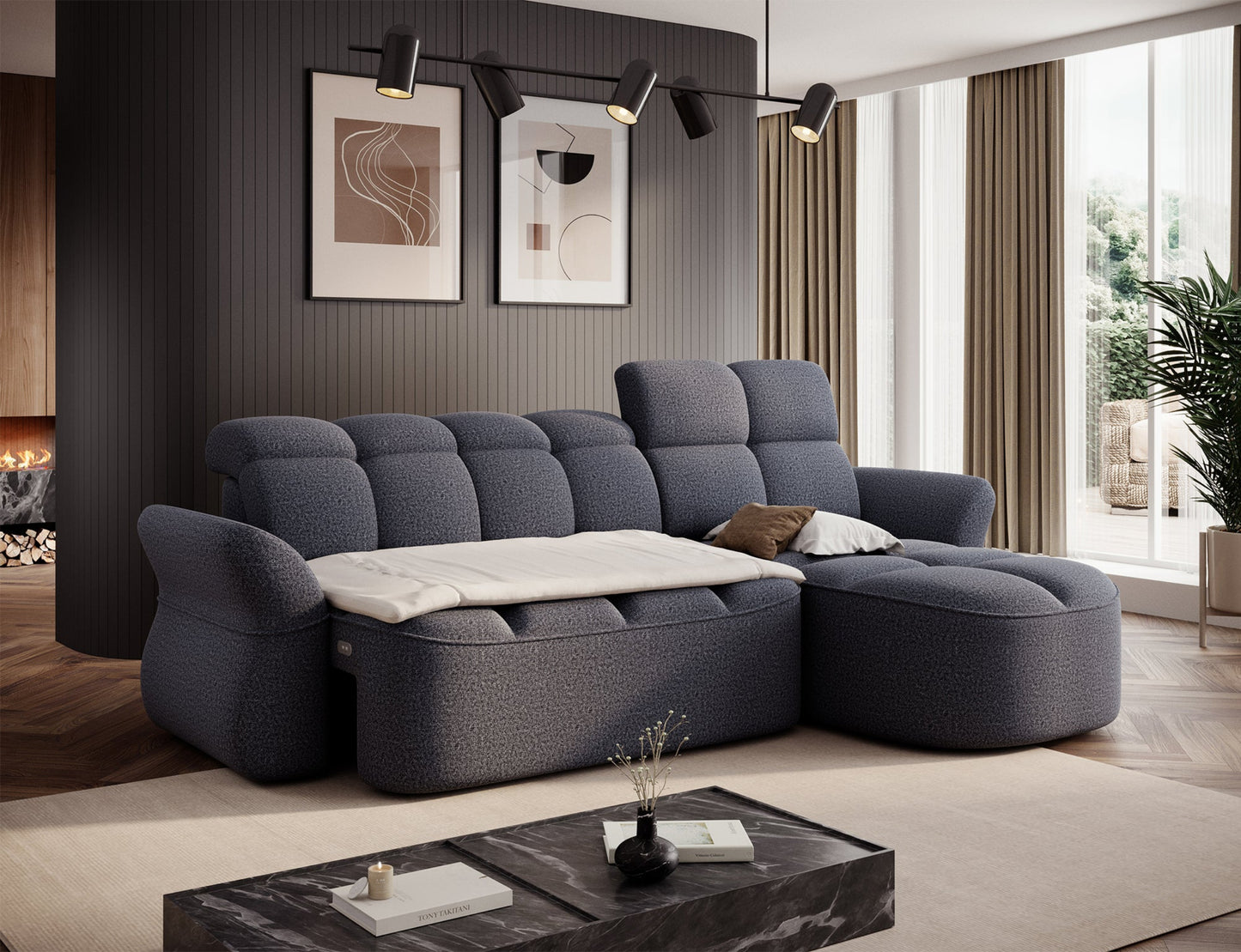 Narożnik z funkcją spania, rozłożony do pełnowymiarowego łóżka, idealny do codziennego użytkowania.