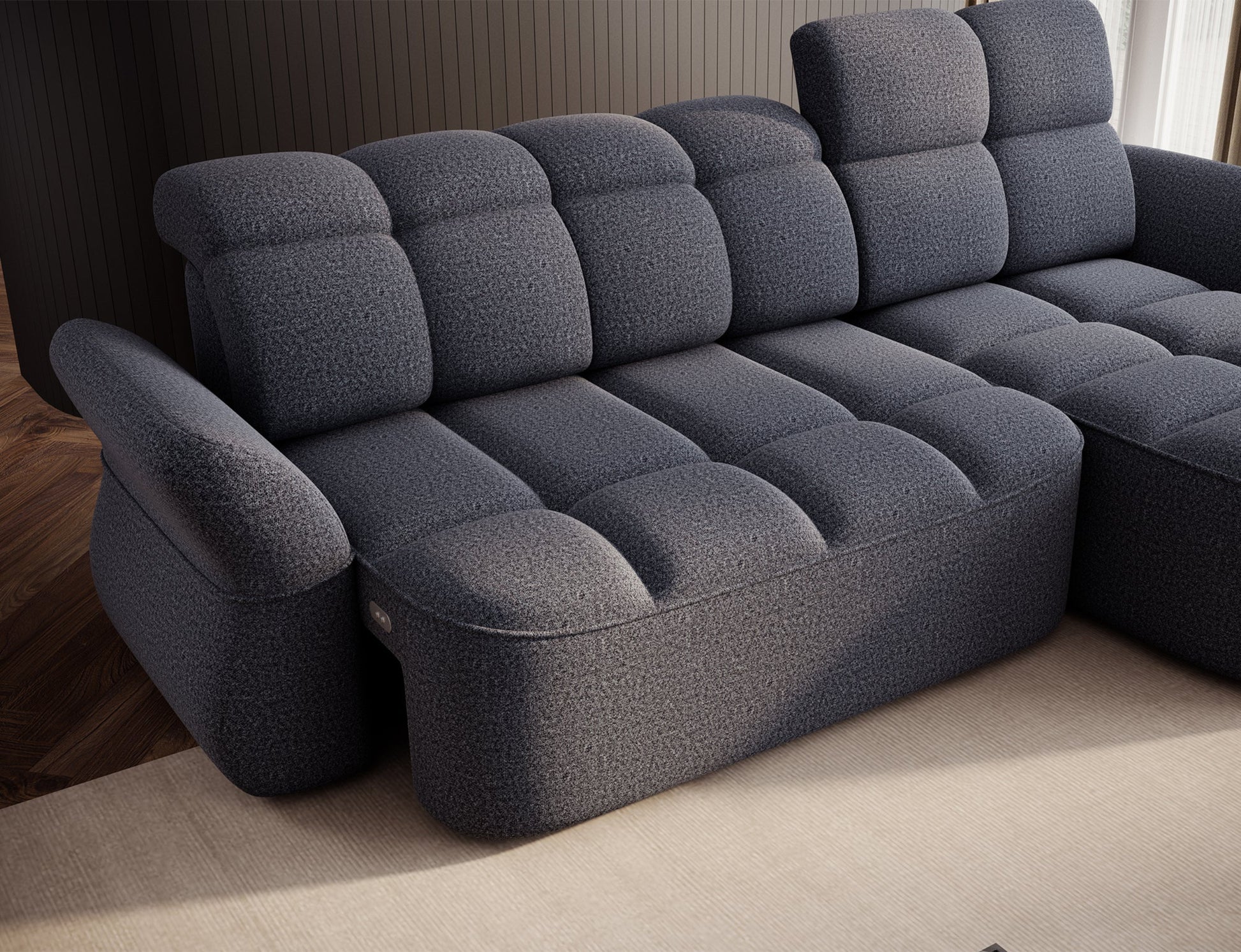 Niebieski narożnik L-kształtny prawy z funkcją spania, elektrycznym wysuwem siedziska i pojemnikiem na pościel