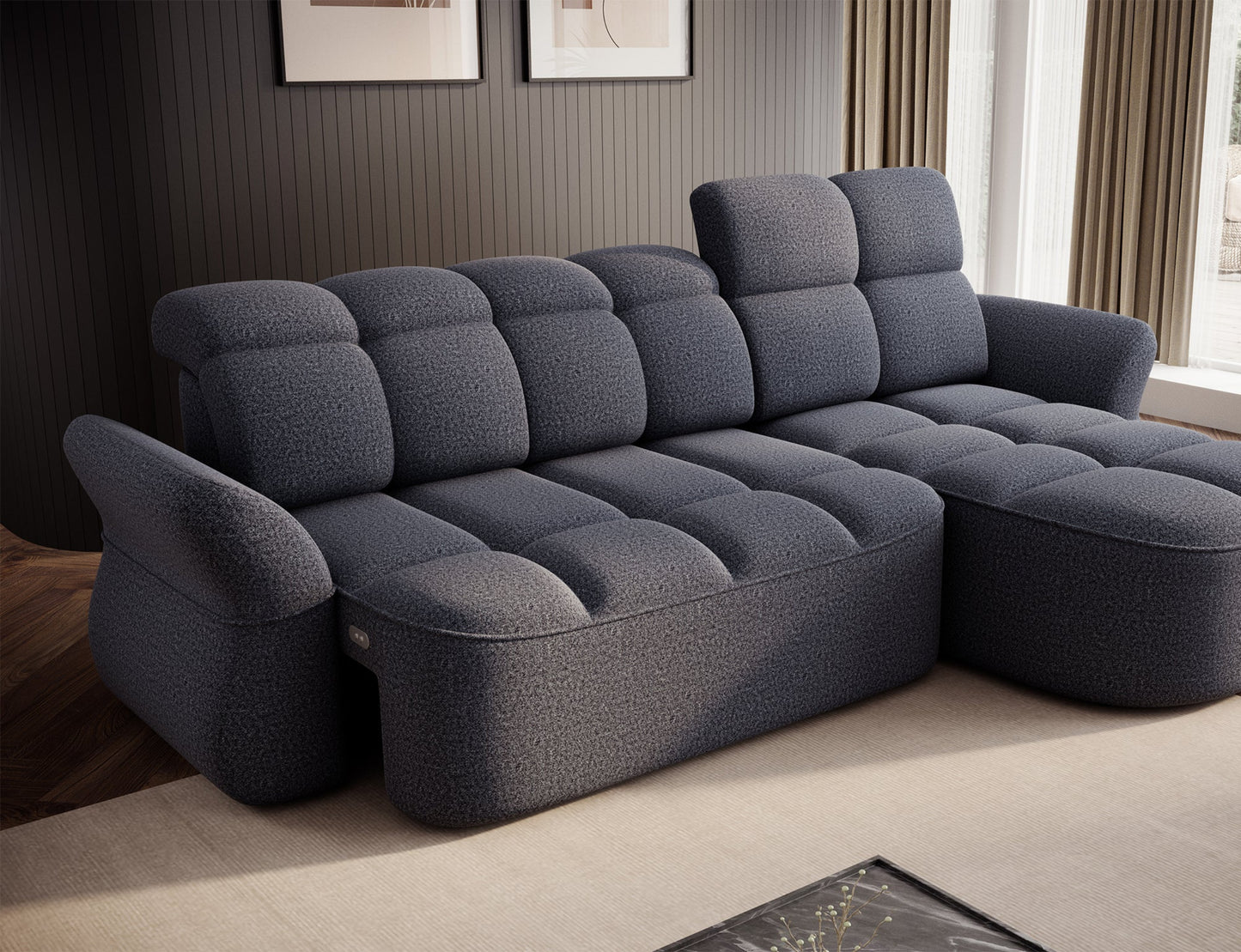 Niebieski narożnik L-kształtny prawy z funkcją spania, elektrycznym wysuwem siedziska i pojemnikiem na pościel