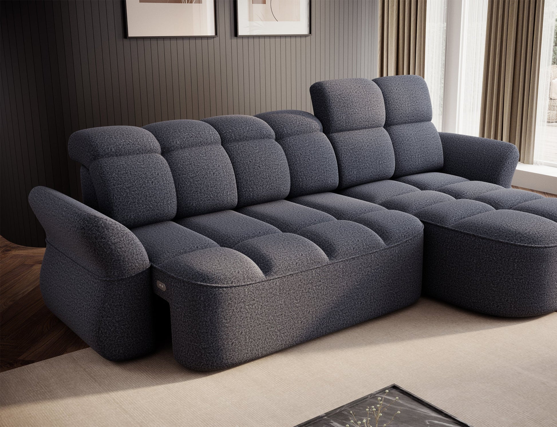 Niebieski narożnik L-kształtny prawy z funkcją spania, elektrycznym wysuwem siedziska i pojemnikiem na pościel