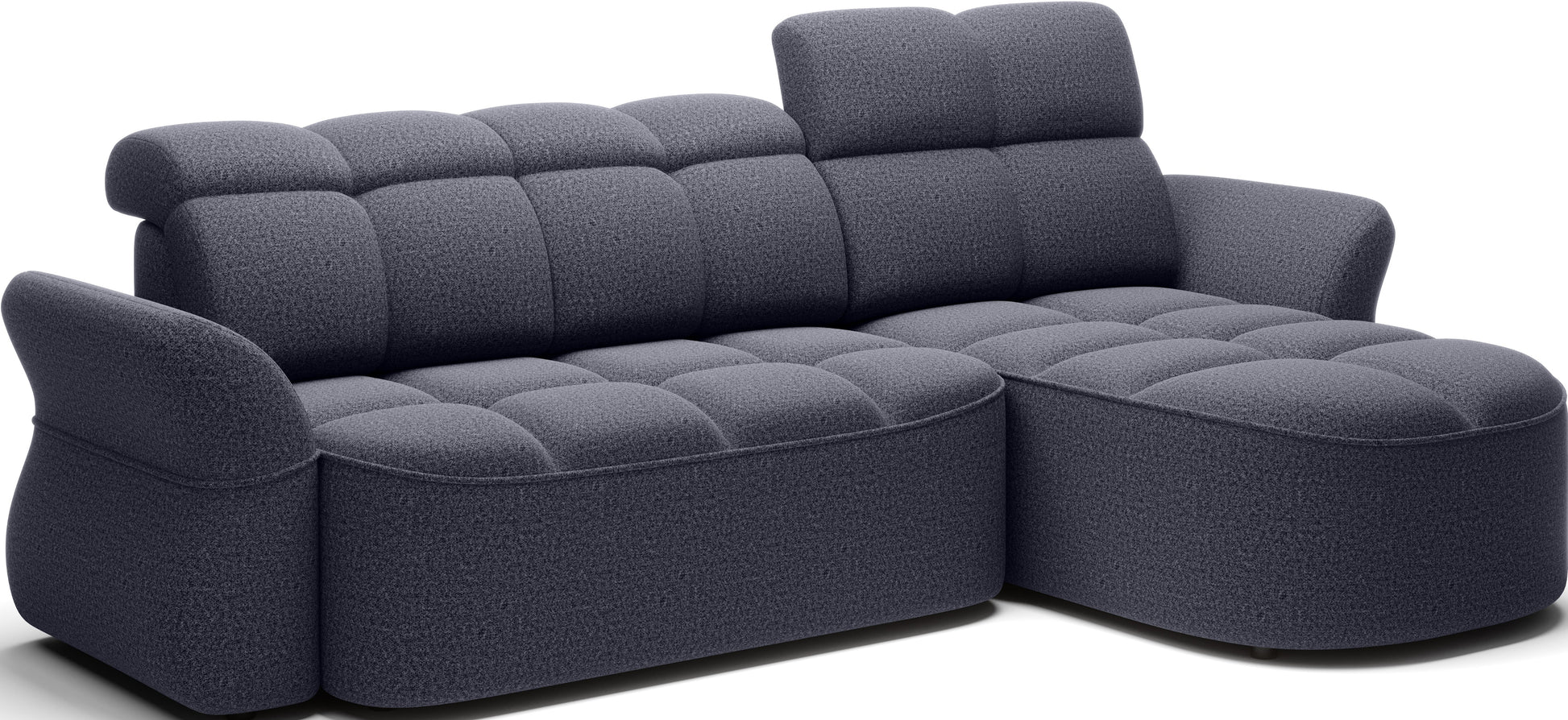 Nowoczesny narożnik w ciemnoszarym tapicerowaniu, z zaokrąglonymi podłokietnikami i komfortowym siedziskiem.