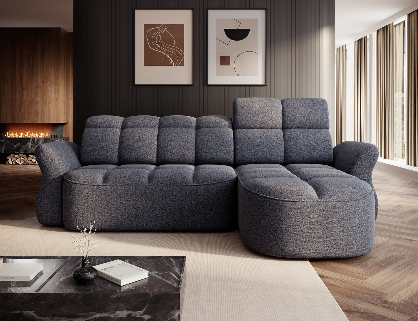 Narożnik w eleganckim salonie, podświetlony naturalnym światłem, w otoczeniu nowoczesnych mebli i dekoracji.