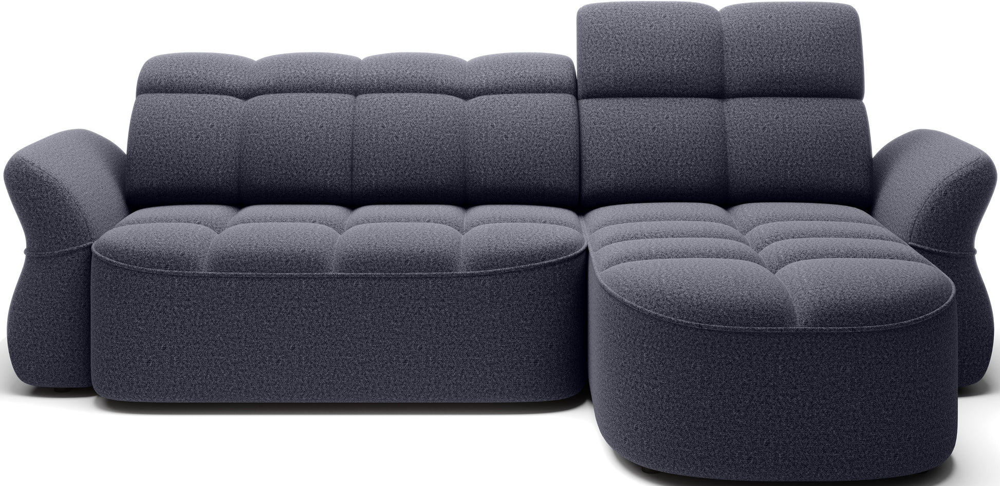 Nowoczesny narożnik w ciemnoszarym odcieniu, widok z przodu, podkreślający tapicerowane oparcie i miękkie podłokietniki.