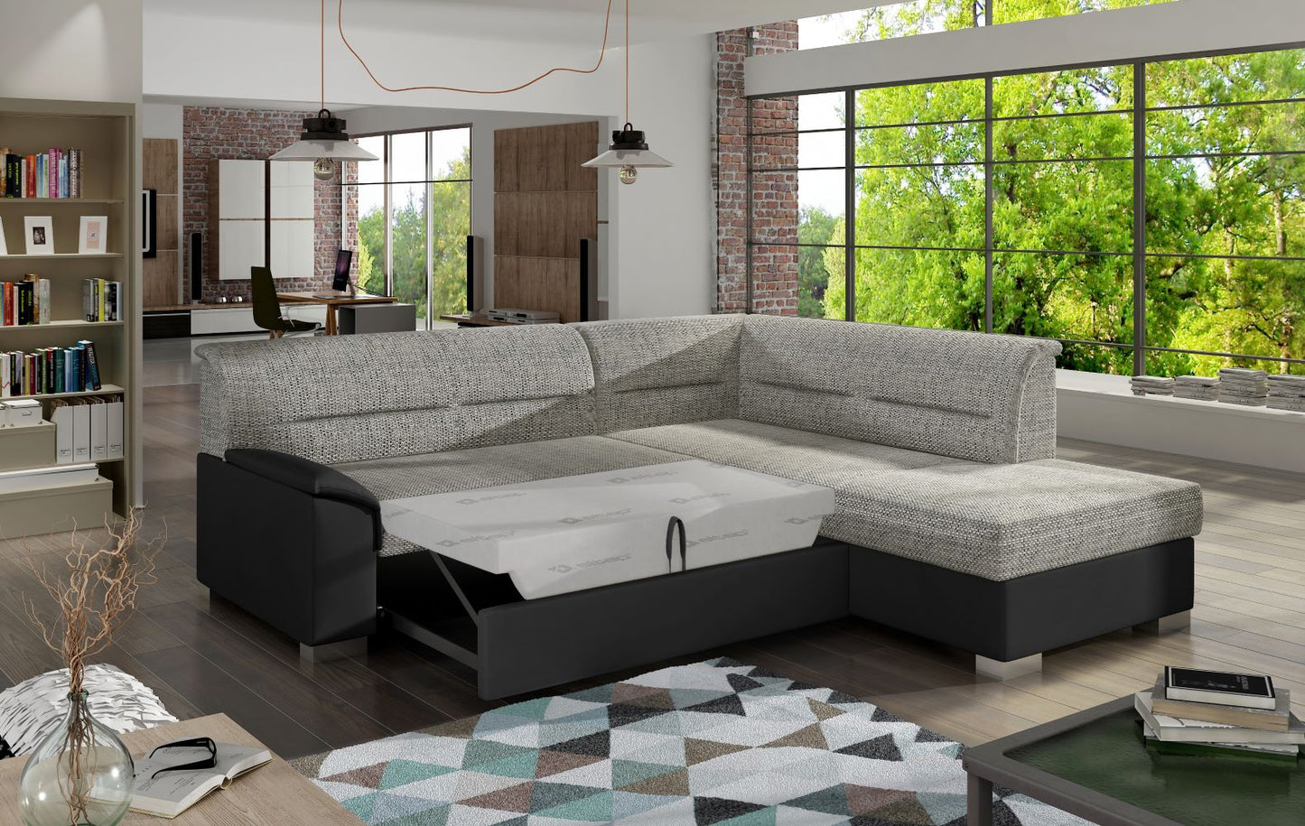 Narożnik Bergen w nowoczesnym wnętrzu, tapicerka Berlin 01 szara i wstawki Soft 11 czarne, widok z boku