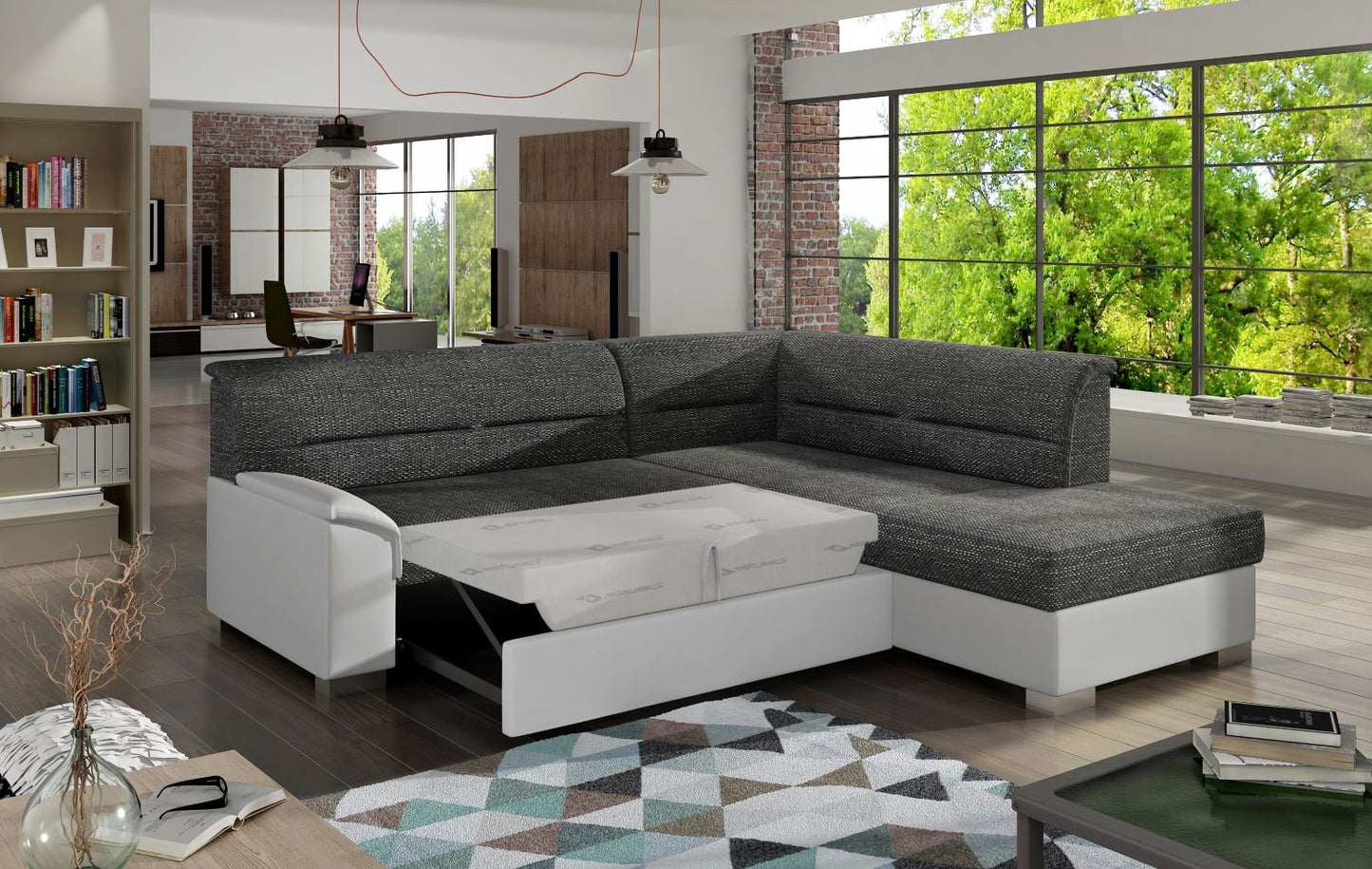 Narożnik Bergen w nowoczesnym wnętrzu, czarna tkanina Berlin 02 i kontrastowe wstawki Soft 17 białe