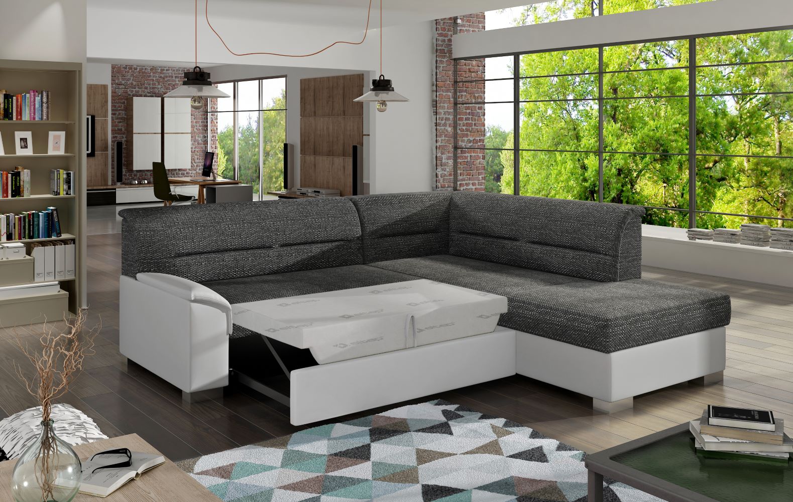Narożnik Bergen w nowoczesnym wnętrzu, czarna tkanina Berlin 02 i kontrastowe wstawki Soft 17 białe