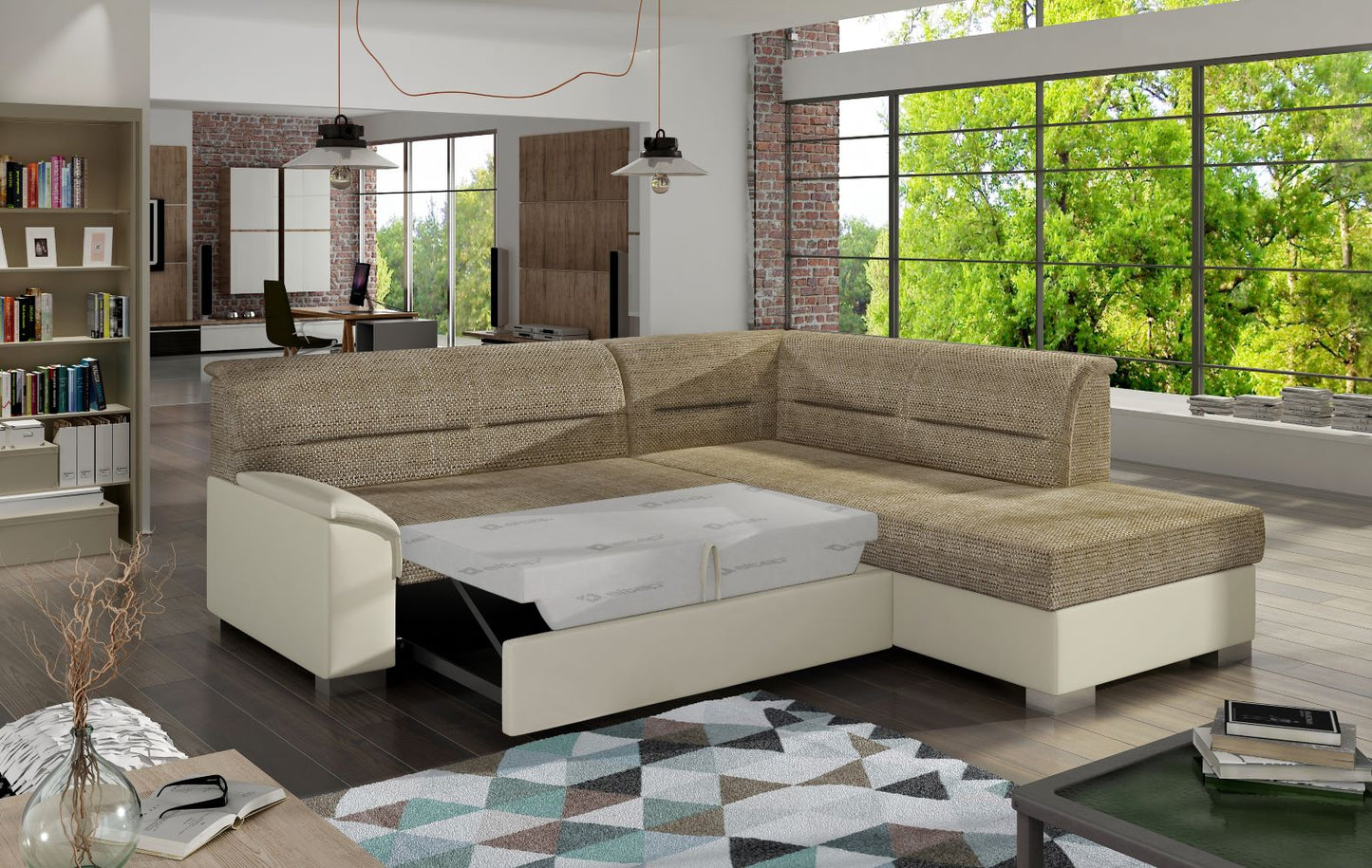 Narożnik Bergen w nowoczesnym wnętrzu, Berlin 03 ciemnobeżowy i wstawki Soft 33 beżowe, widok z boku