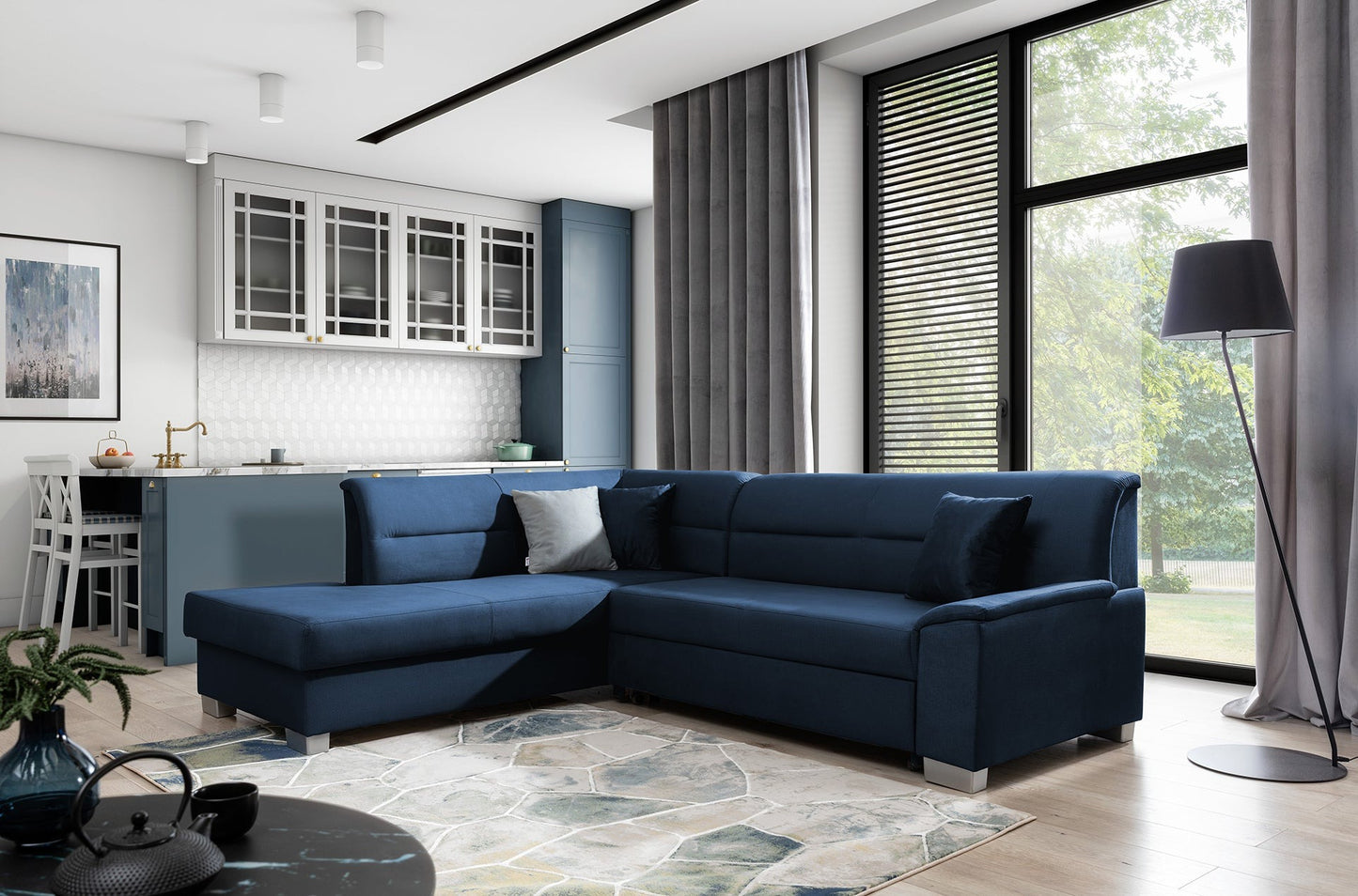 Narożnik Bergen w aranżacji salonu, tapicerka Monolith 77 niebieska

