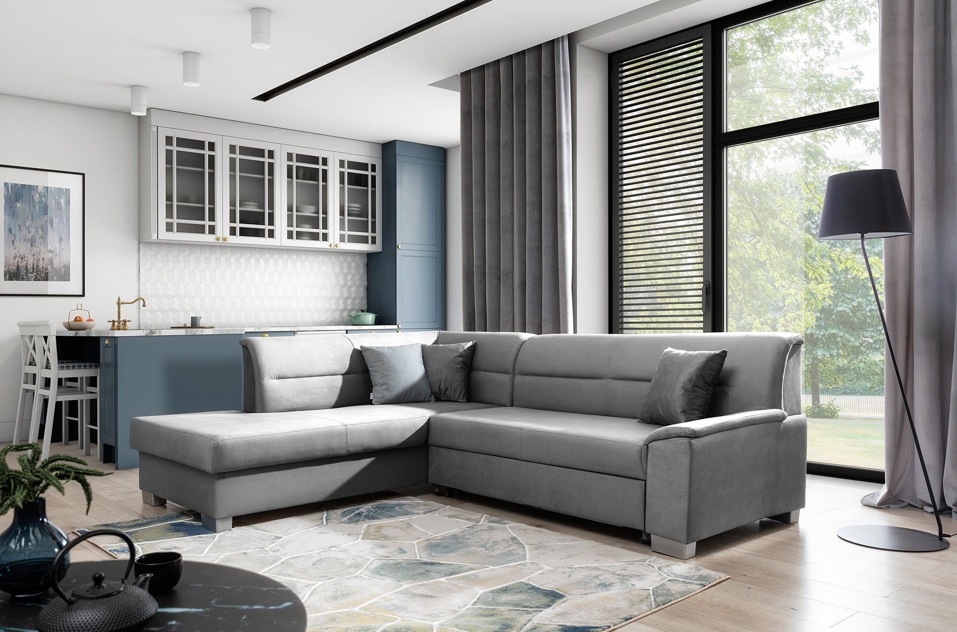 Narożnik Bergen w aranżacji salonu, tapicerka Monolith 85 szary

