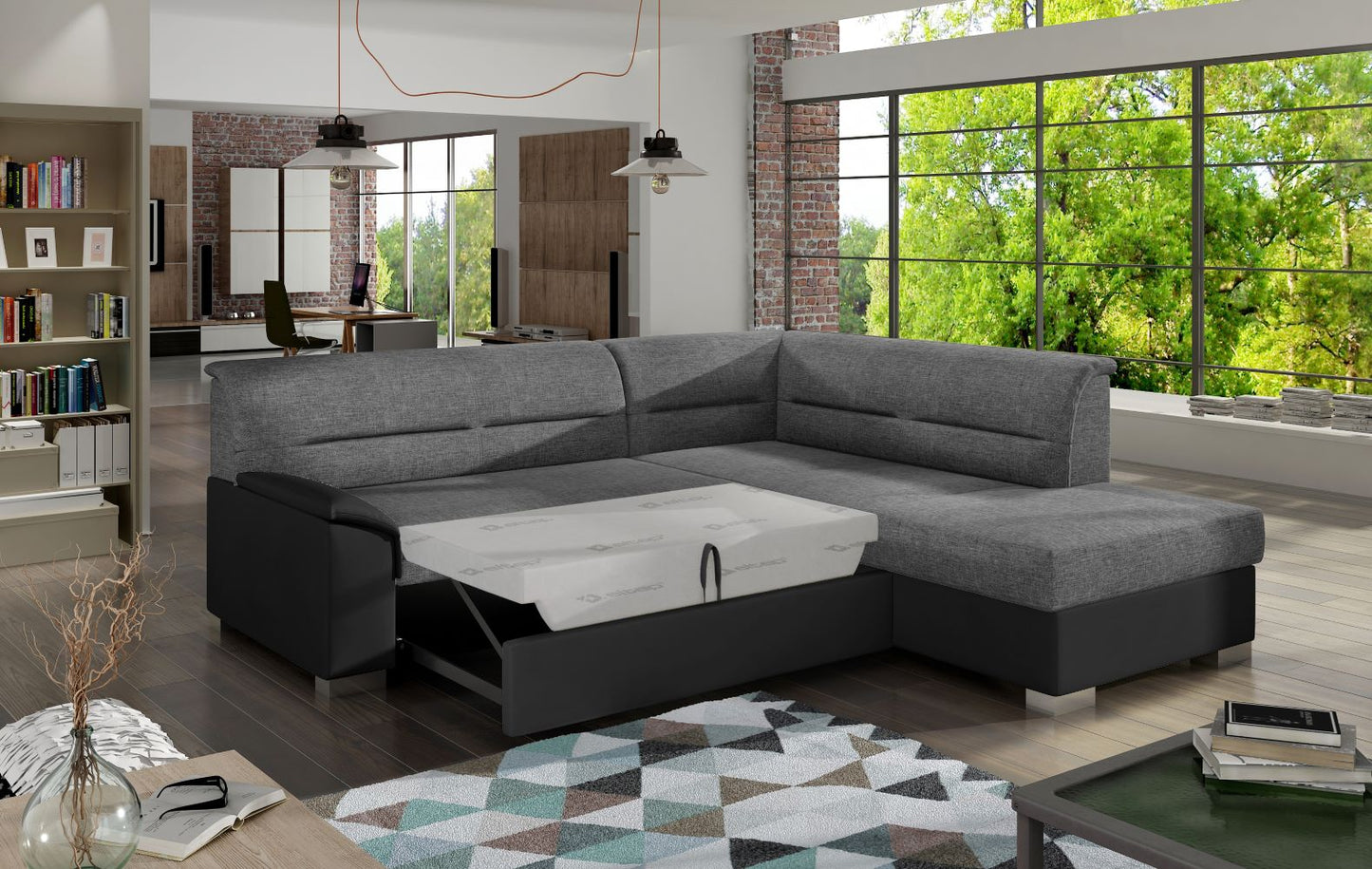 Narożnik Bergen w nowoczesnym salonie, tapicerka Sawana 21 szara i wstawki Soft 11 czarne, widok z boku