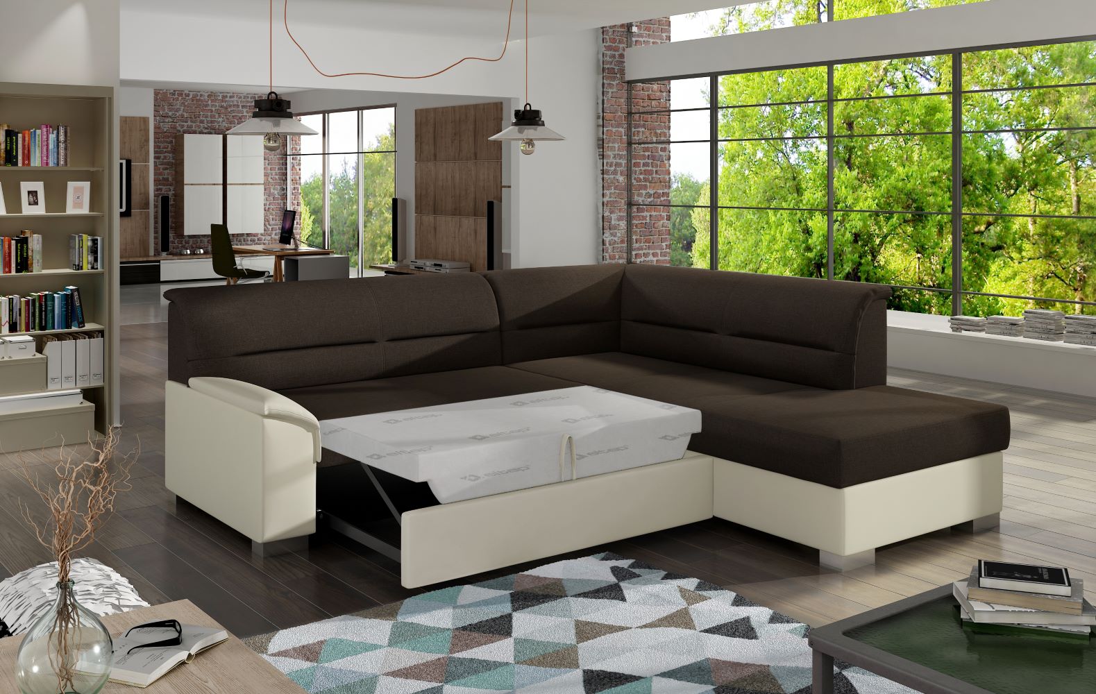 Narożnik Bergen w nowoczesnym wnętrzu, Sawana 26 brązowy i wstawki Soft 33 beżowe, widok z boku