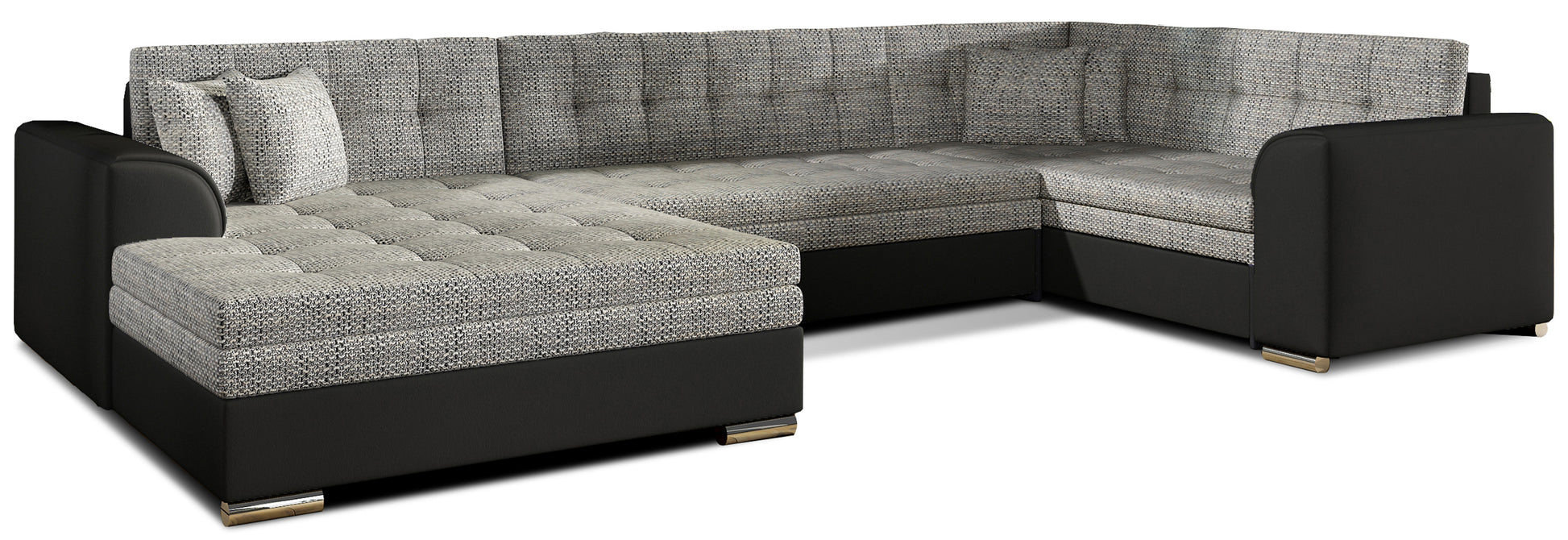 Narożnik Damario w układzie lewym, tapicerowany tkaniną Berlin 01 szary i ekoskórą Soft 11 czarny, widok na całą bryłę z poduszkami.
