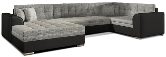 Narożnik Damario w układzie lewym, tapicerowany tkaniną Berlin 01 szary i ekoskórą Soft 11 czarny, widok na całą bryłę z poduszkami.