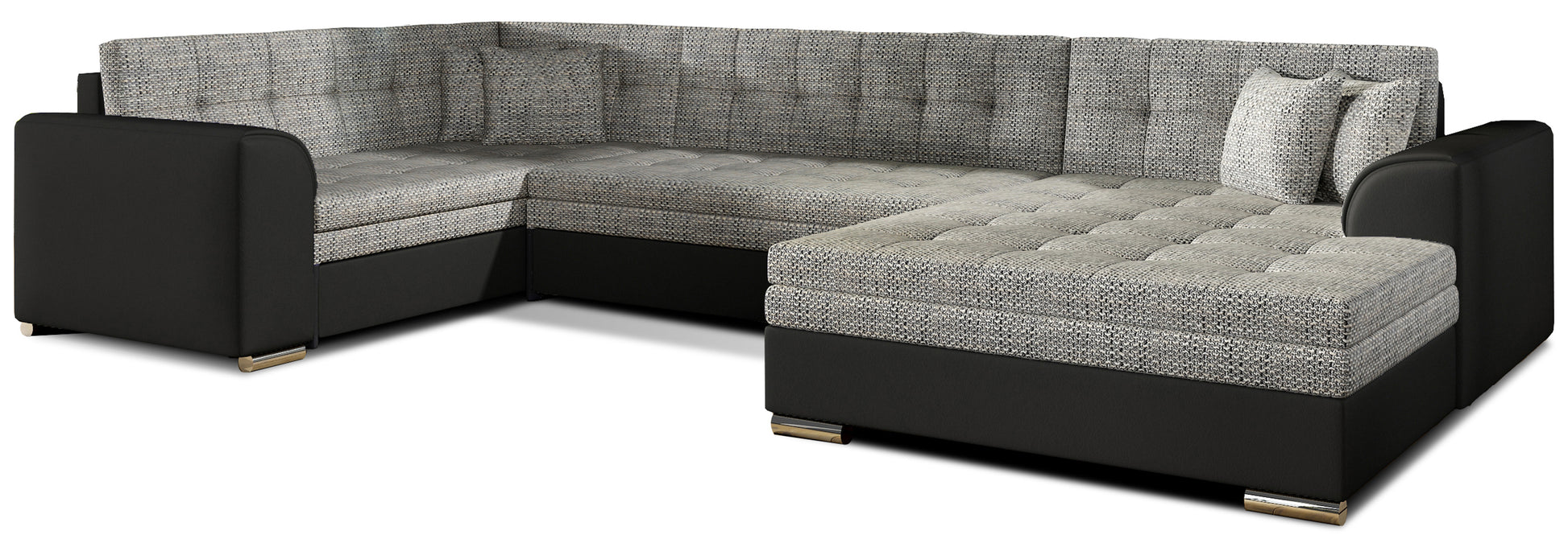 Narożnik Damario w układzie prawym, tapicerowany tkaniną Berlin 01 szary z bokami w ekoskórze Soft 11 czarny, widok na całą bryłę z poduszkami.